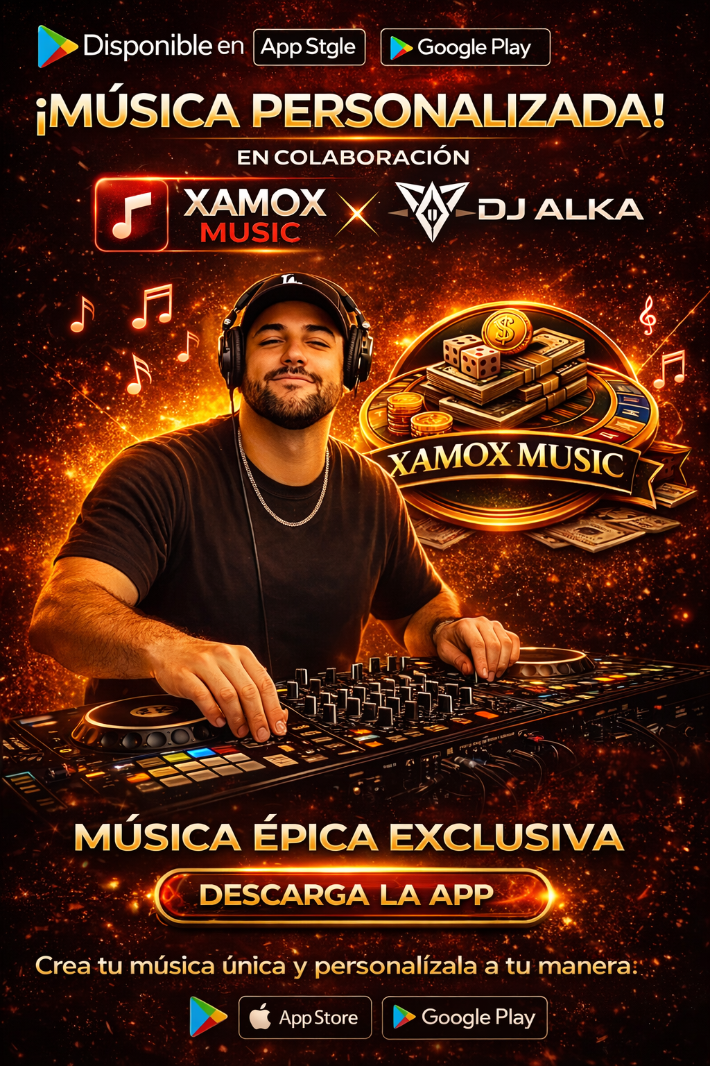 DJ Alka en cabina mezclando la banda sonora de Xamox Flow – ambiente futurista y dorado