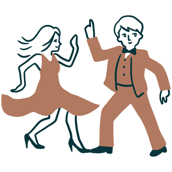 Dibujo de Milena y Carlos bailando animadamente en una fiesta