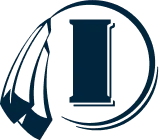 Dark blue stylized letter I with feather and circular line around it.