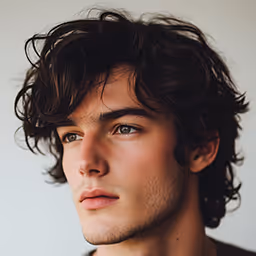 Close-up portrait of a young man with tousled dark hair looking thoughtfully to the side.