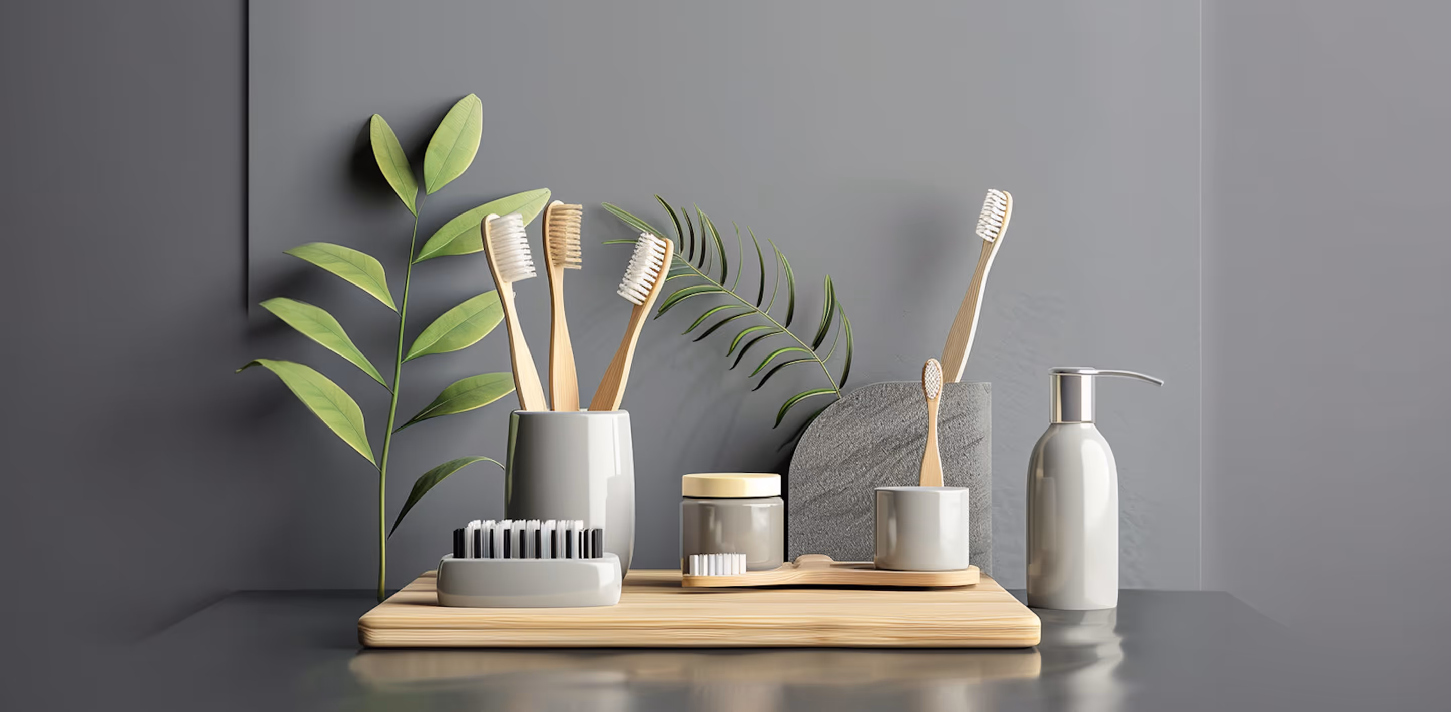 Minimalist bathroom countertop with bamboo toothbrushes in holders, a soap dispenser, a jar, and green leafy plants for decoration.