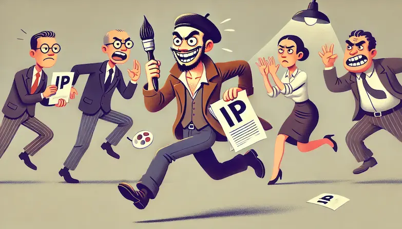 clipart image of an artist running away from two businesspeople with some legal papers in his hand looking like a thief