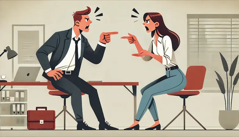 clipart image of two business founders in their thirties in an argument with each other, a male and female, humerous