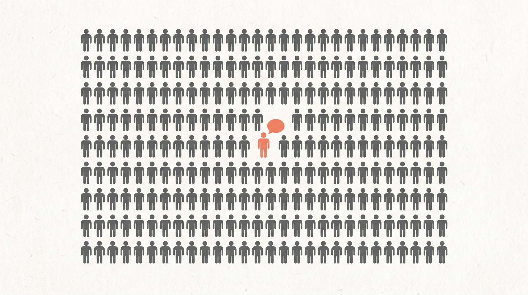 A dense grid of identical grey human figures, with one coral figure near the middle raising a speech bubble