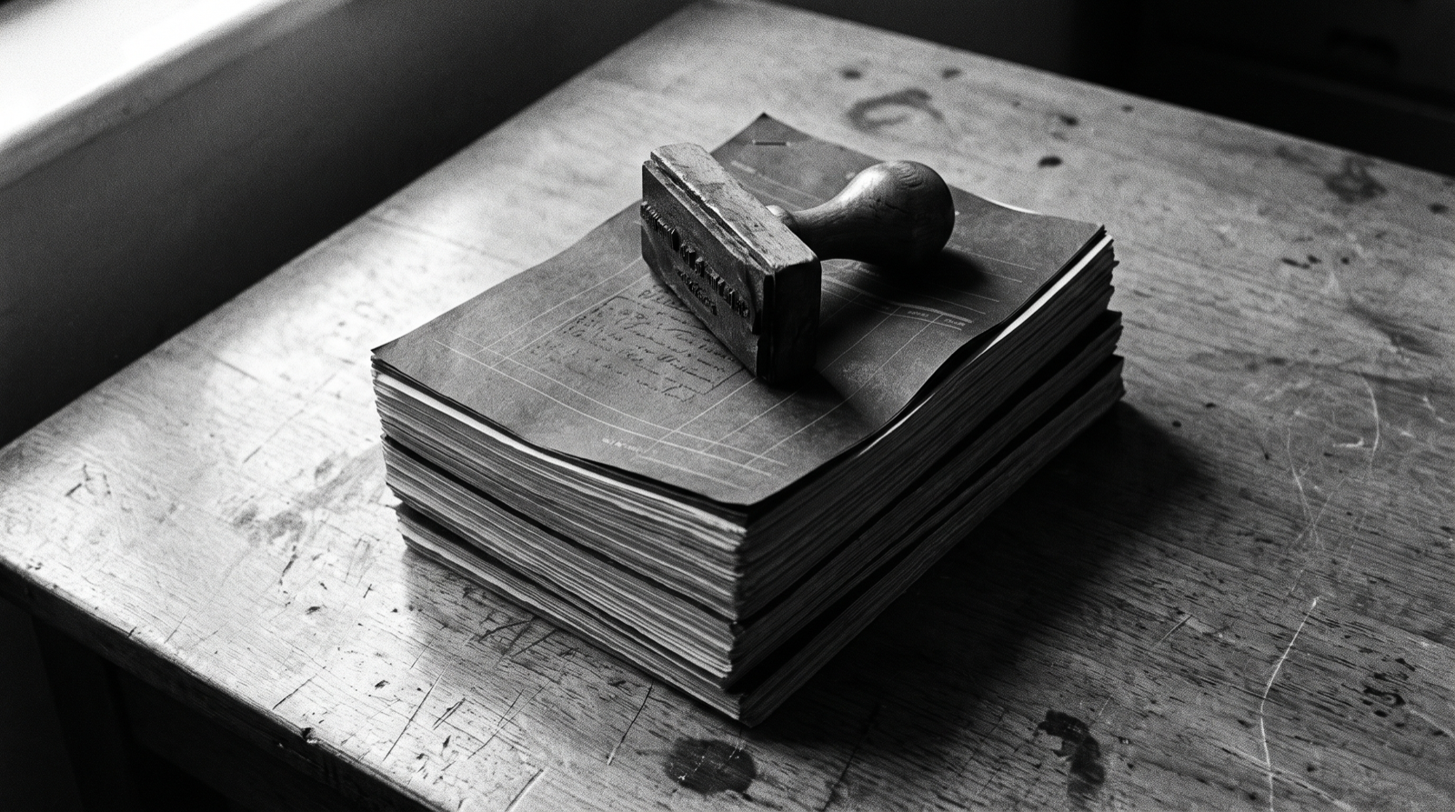 A heavy vintage rubber stamp resting on a thick stack of identical aged forms on a worn wooden desk, in grainy black and white