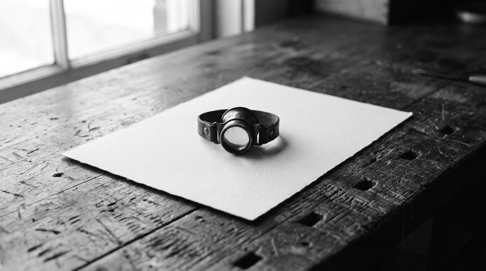 A vintage jeweler's loupe resting on a blank sheet of paper on a worn wooden workbench, in grainy black and white