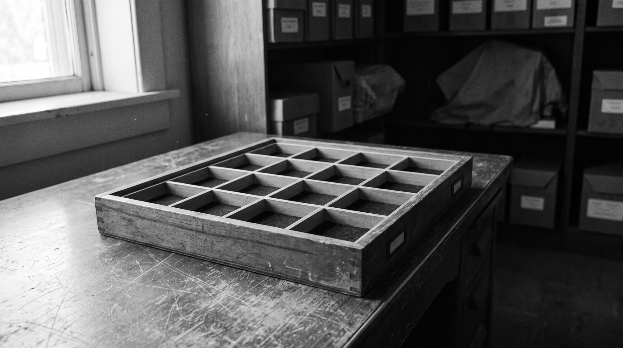 An empty vintage wooden specimen drawer divided into twenty small compartments, resting on a worn wooden desk in an archive room, in grainy black and white