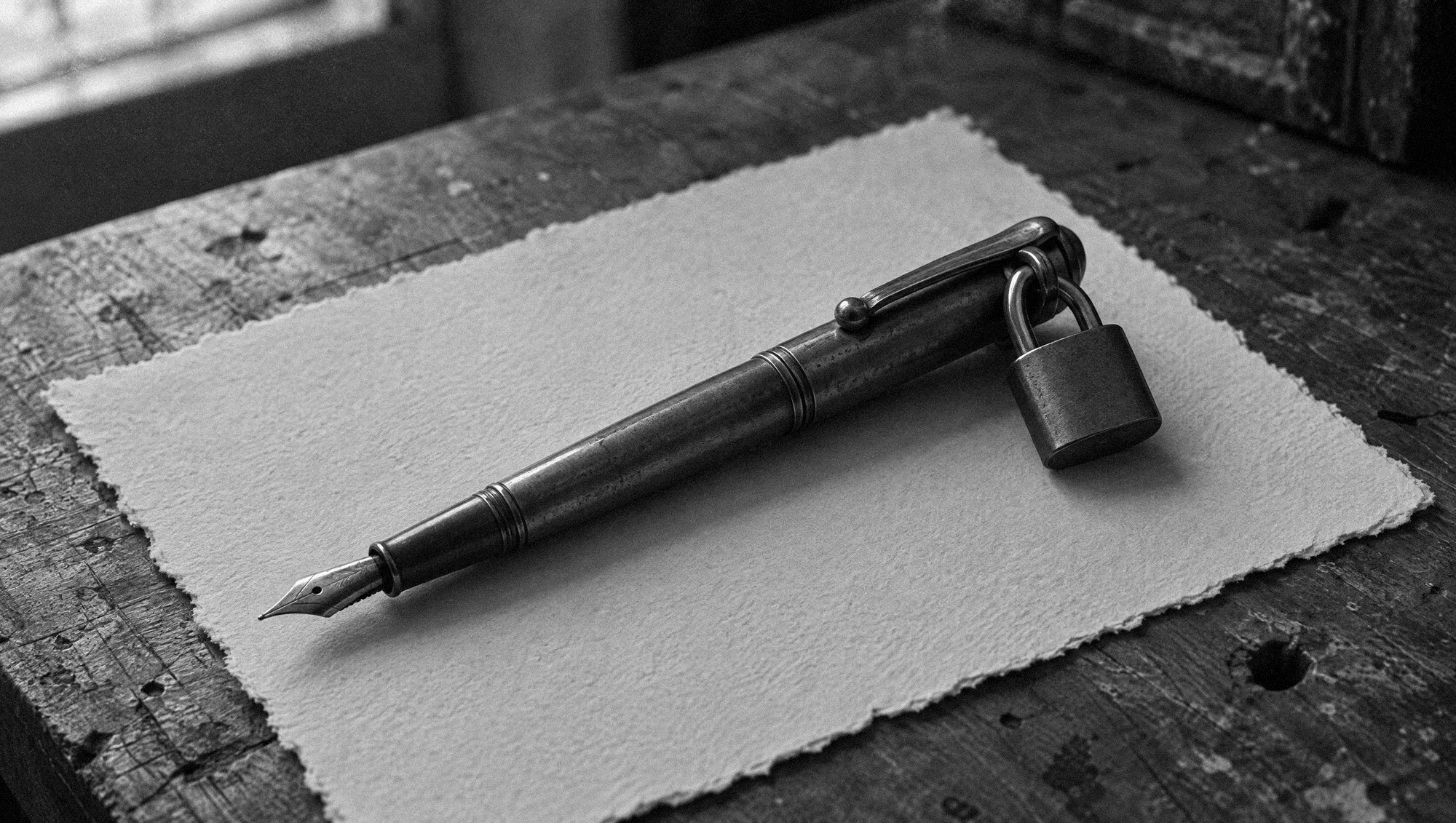 An antique fountain pen with a small padlock locked through its clip, resting on a blank sheet of paper on a worn wooden workbench, in grainy black and white