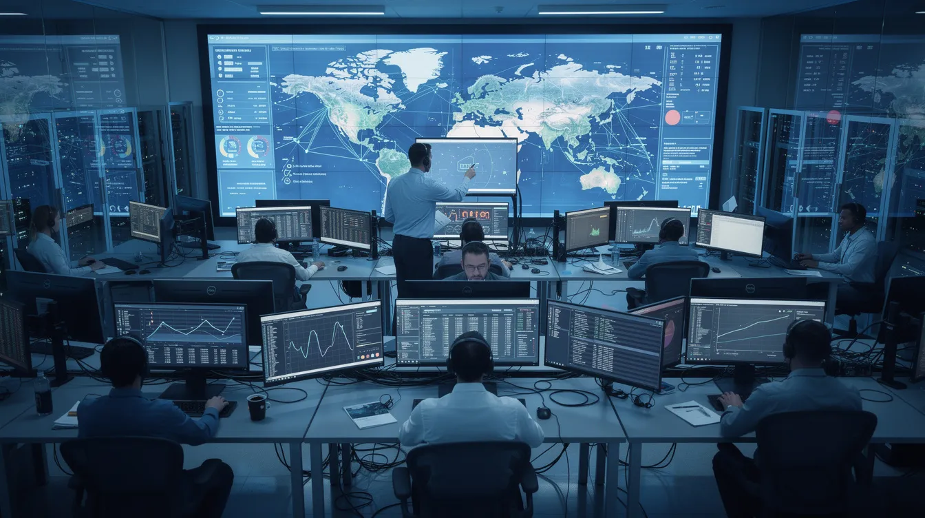 The image depicts a modern security operations center where analysts are intently monitoring multiple display screens that showcase network data, highlighting ongoing security efforts and threat exposure management. This environment emphasizes the importance of continuous monitoring and proactive approaches to safeguard critical assets against evolving cyber threats.
