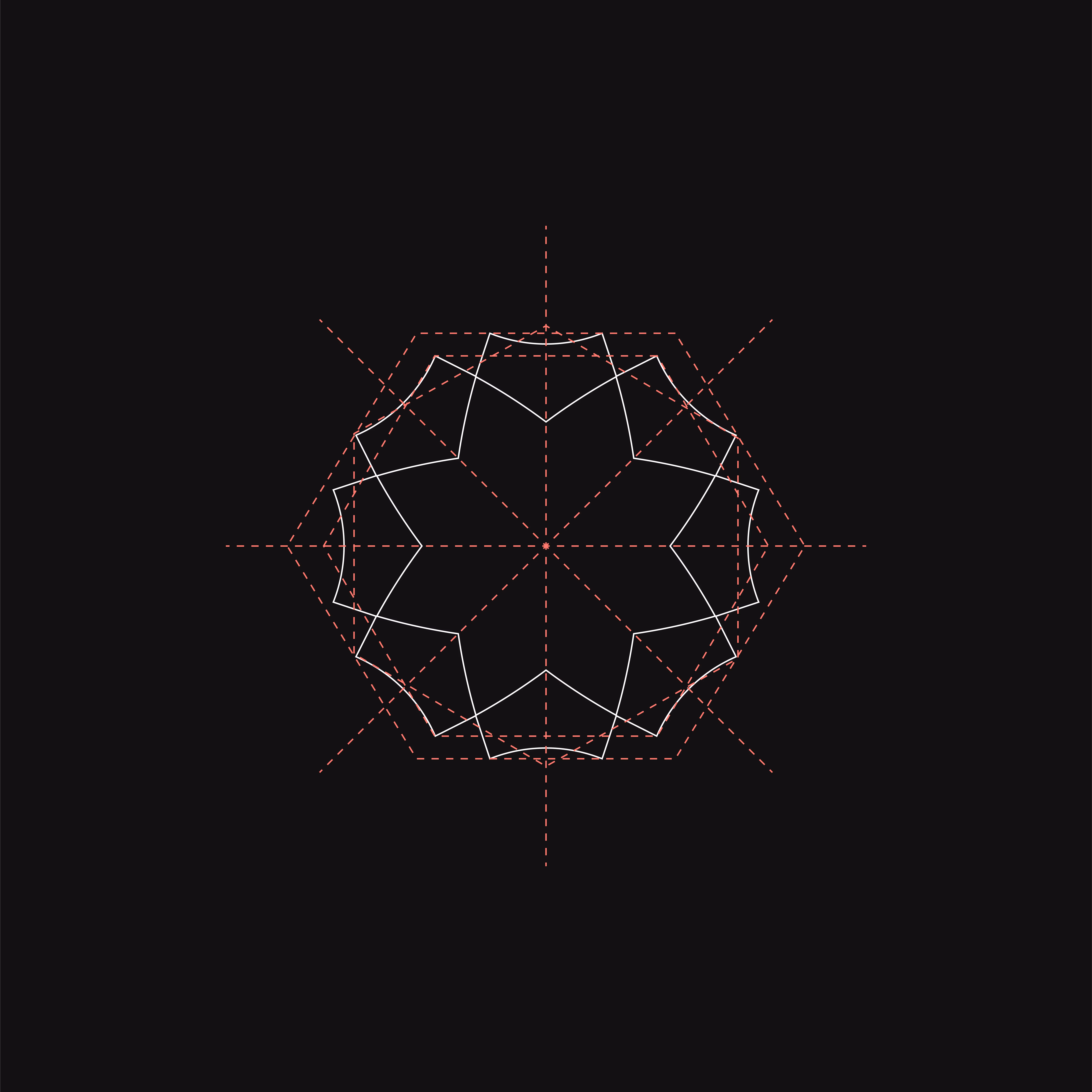Geometric star-shaped pattern with white lines inside red dashed octagon and radial lines on black background.