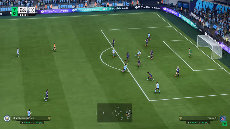 Video game scene of a soccer match between Manchester City and PSG near PSG's goal area.