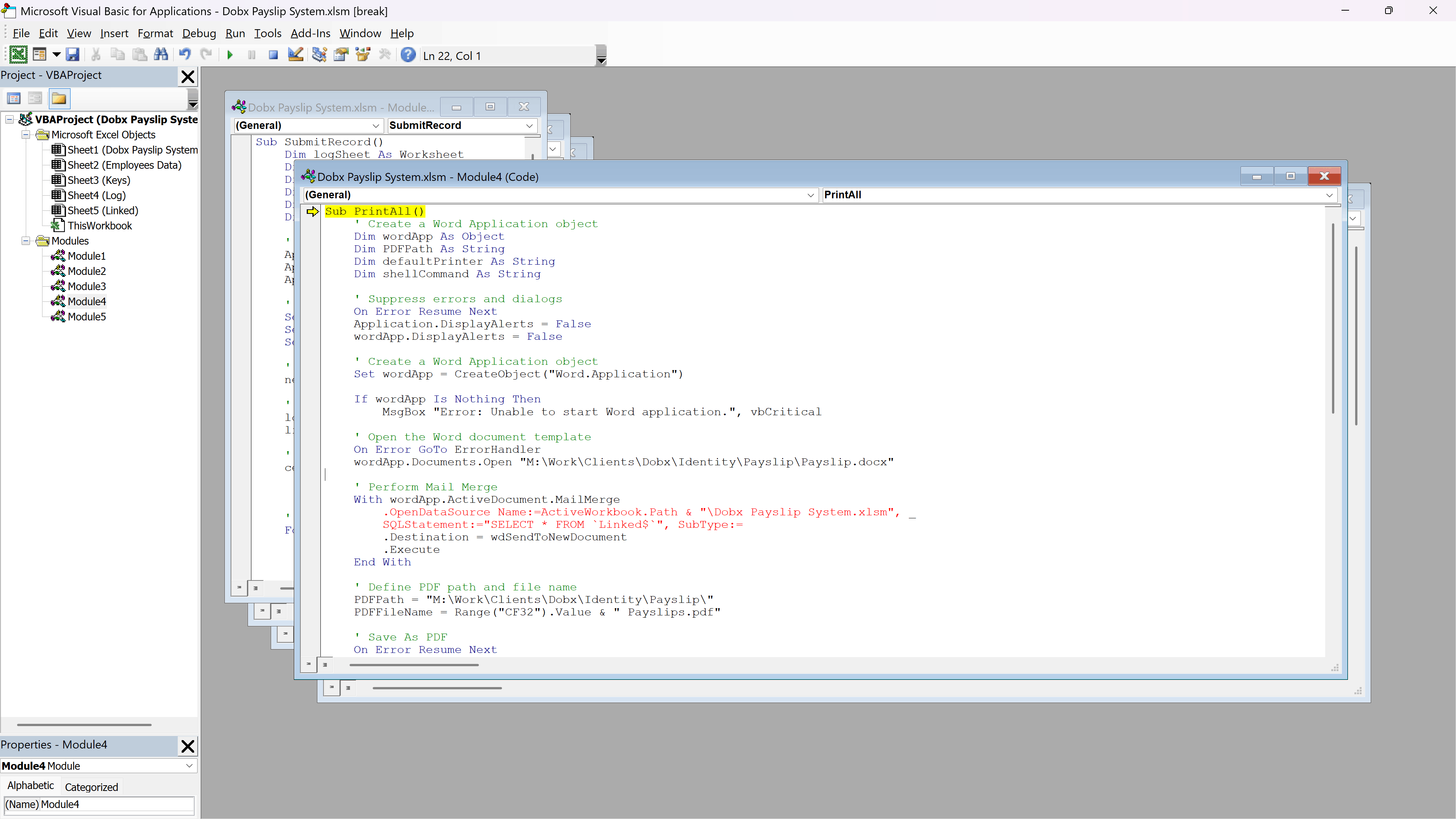 Microsoft Visual Basic for Applications editor showing VBA code for a PrintAll subroutine in Excel.