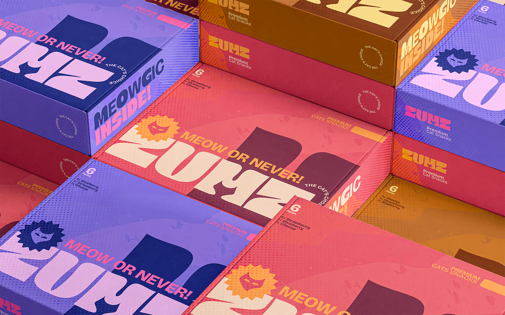 Stacked boxes of Zumz premium cat snacks in colorful packaging with slogans and flavor labels.