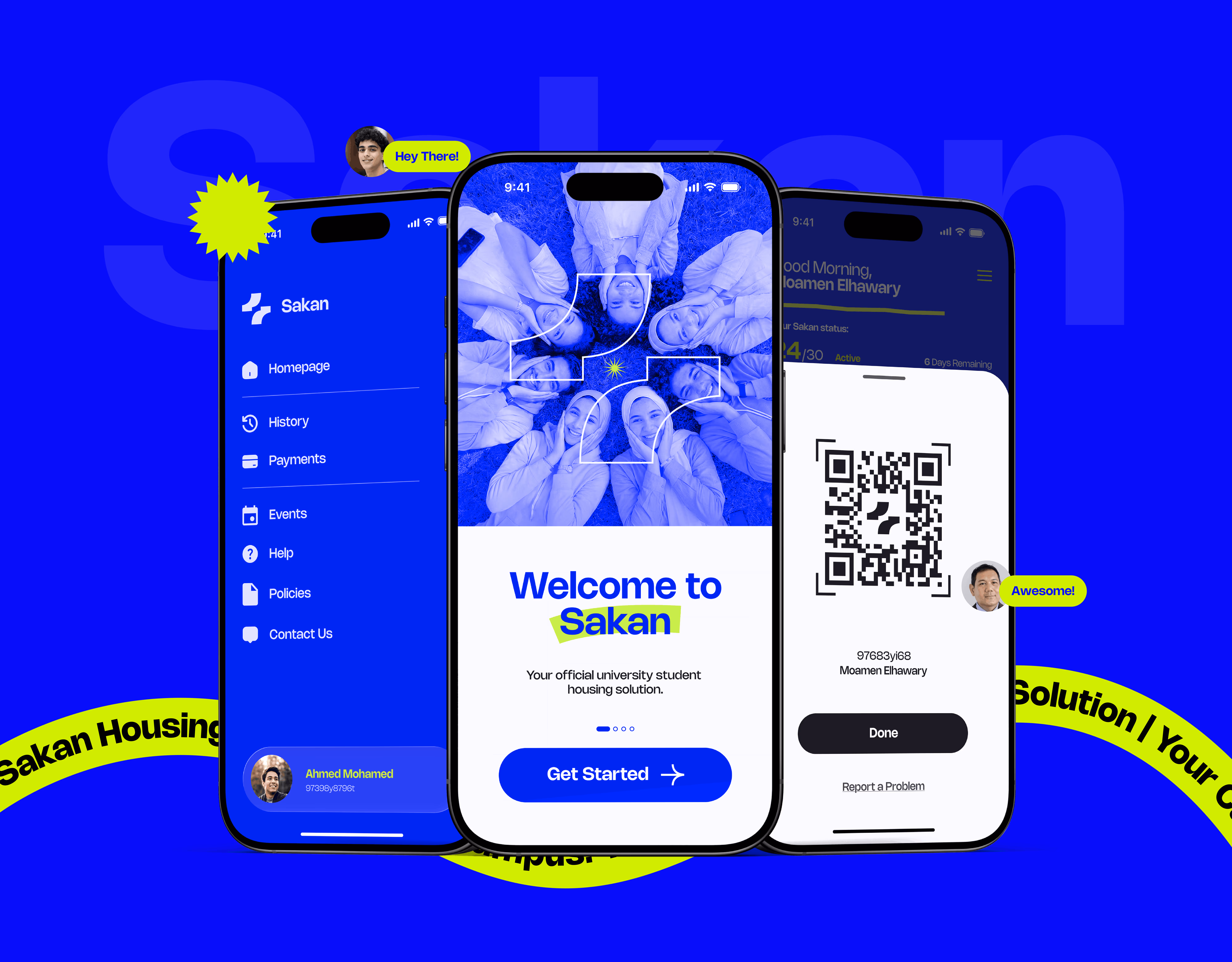 Three phone screens showing Sakan app with welcome screen, menu, and QR code on bright blue background.