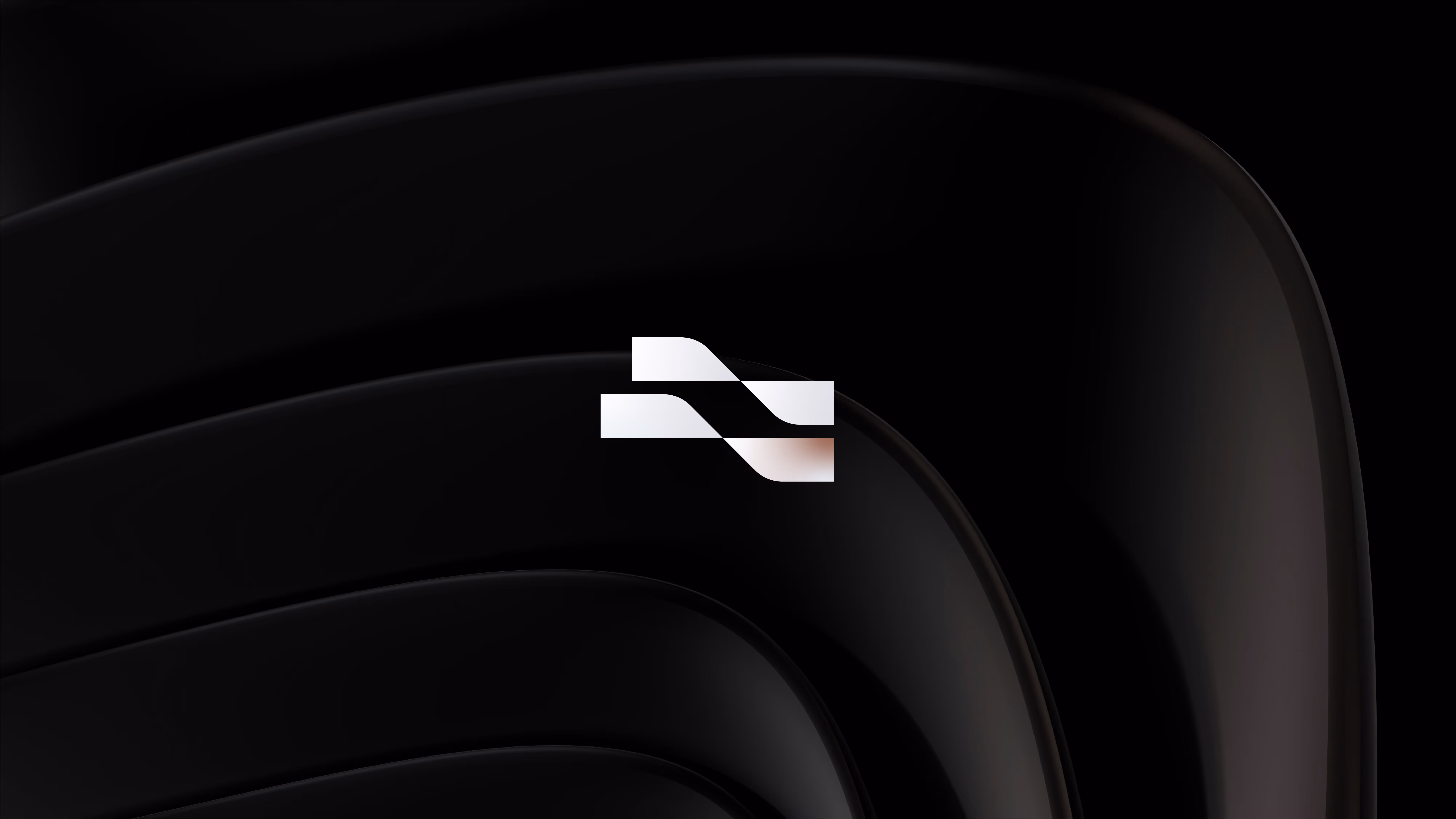 White abstract logo with two curved bars on a black background with curved shapes.