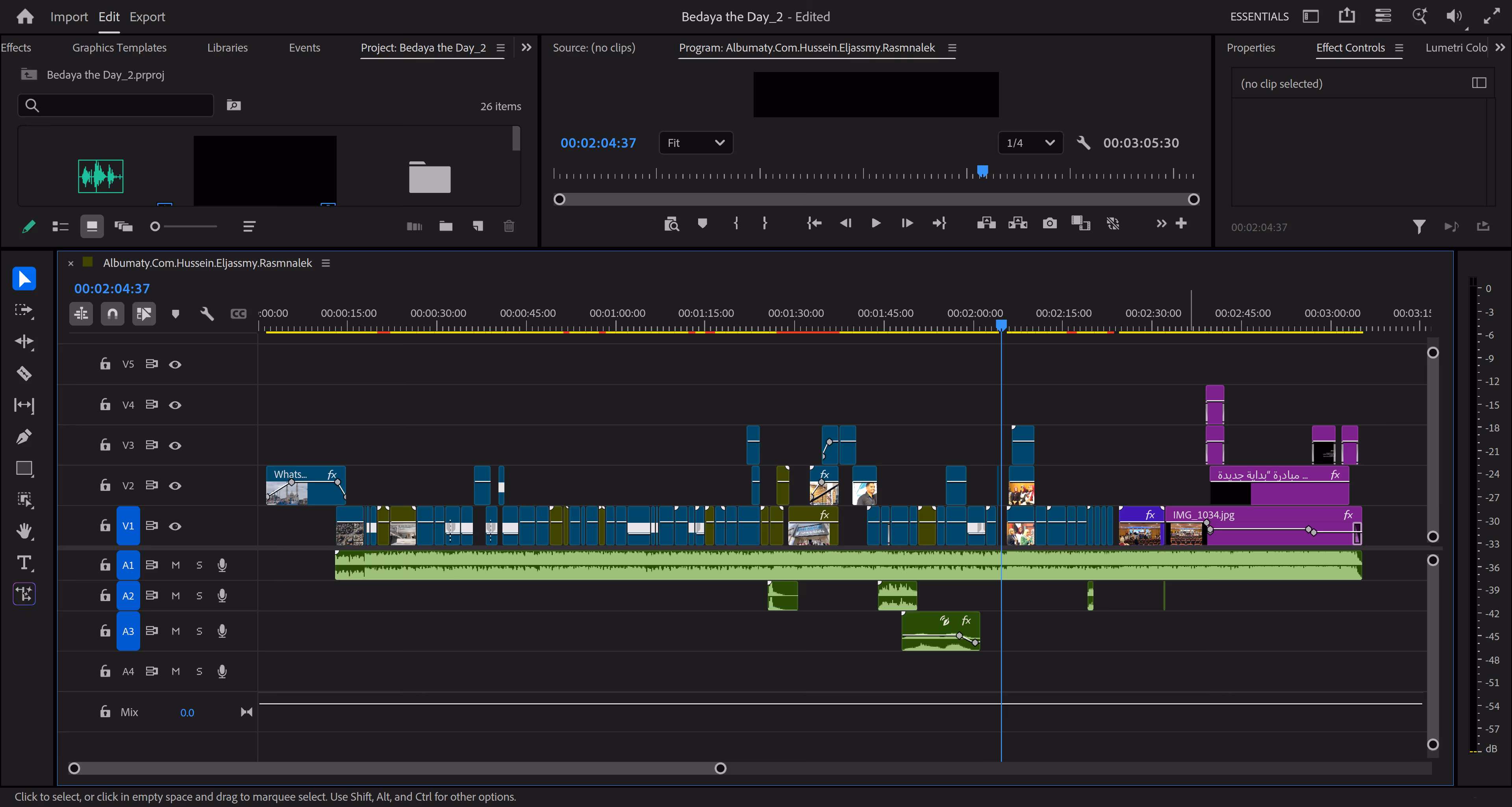 Video editing software timeline with multiple video and audio tracks and color-coded clips.