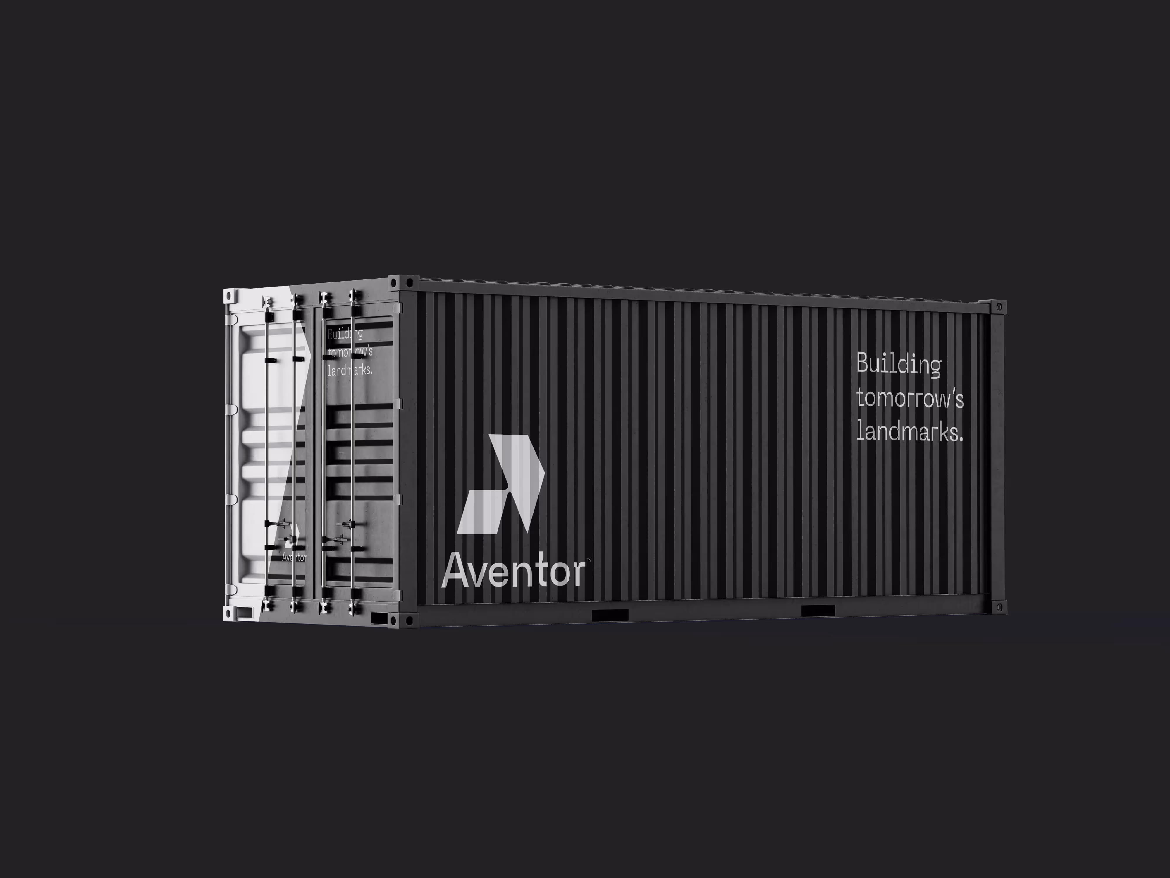Black shipping container with white Aventor logo and text reading 'Building tomorrow's landmarks.'
