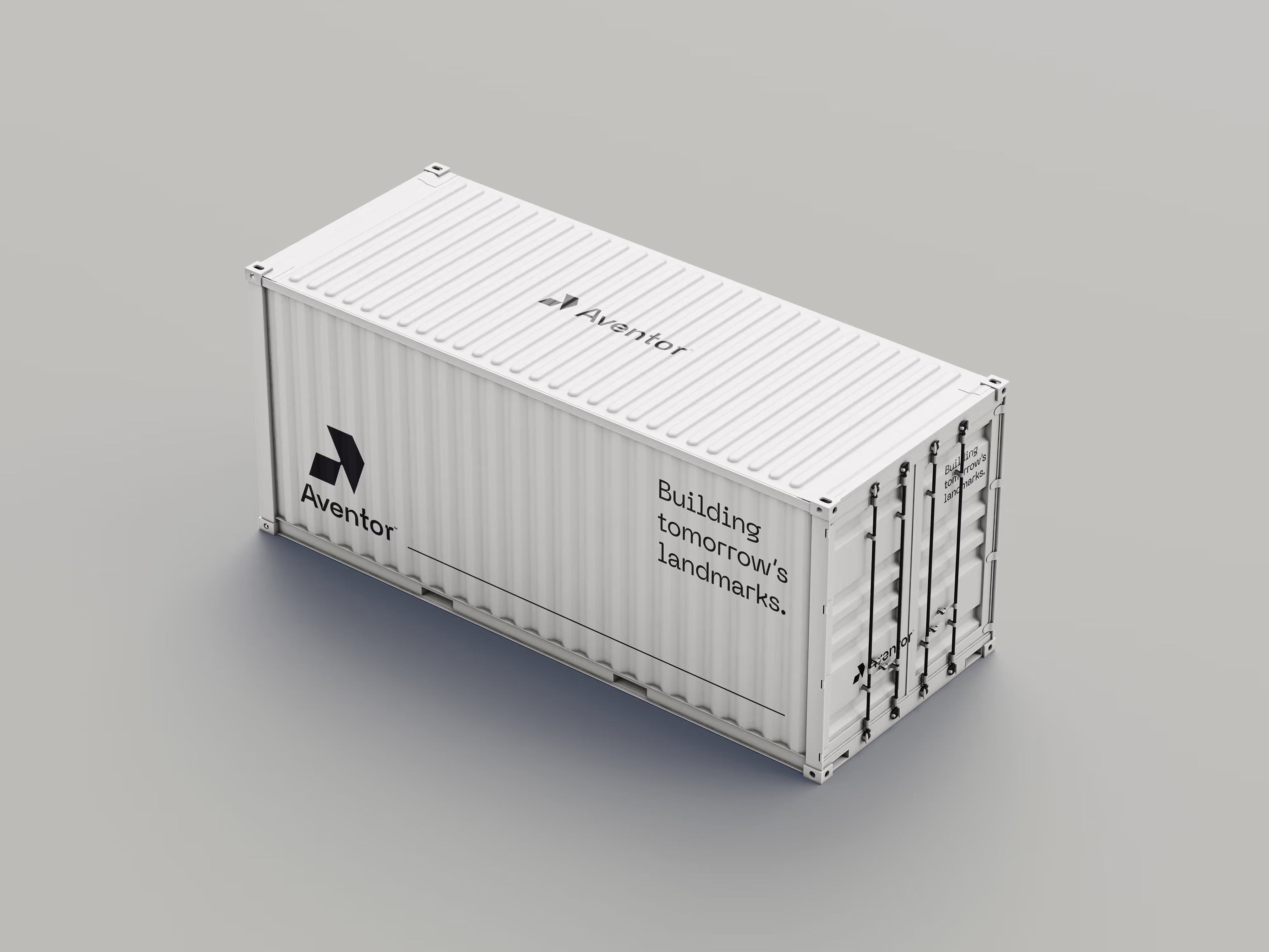 White shipping container with Aventor logo and text reading 'Building tomorrow’s landmarks.'
