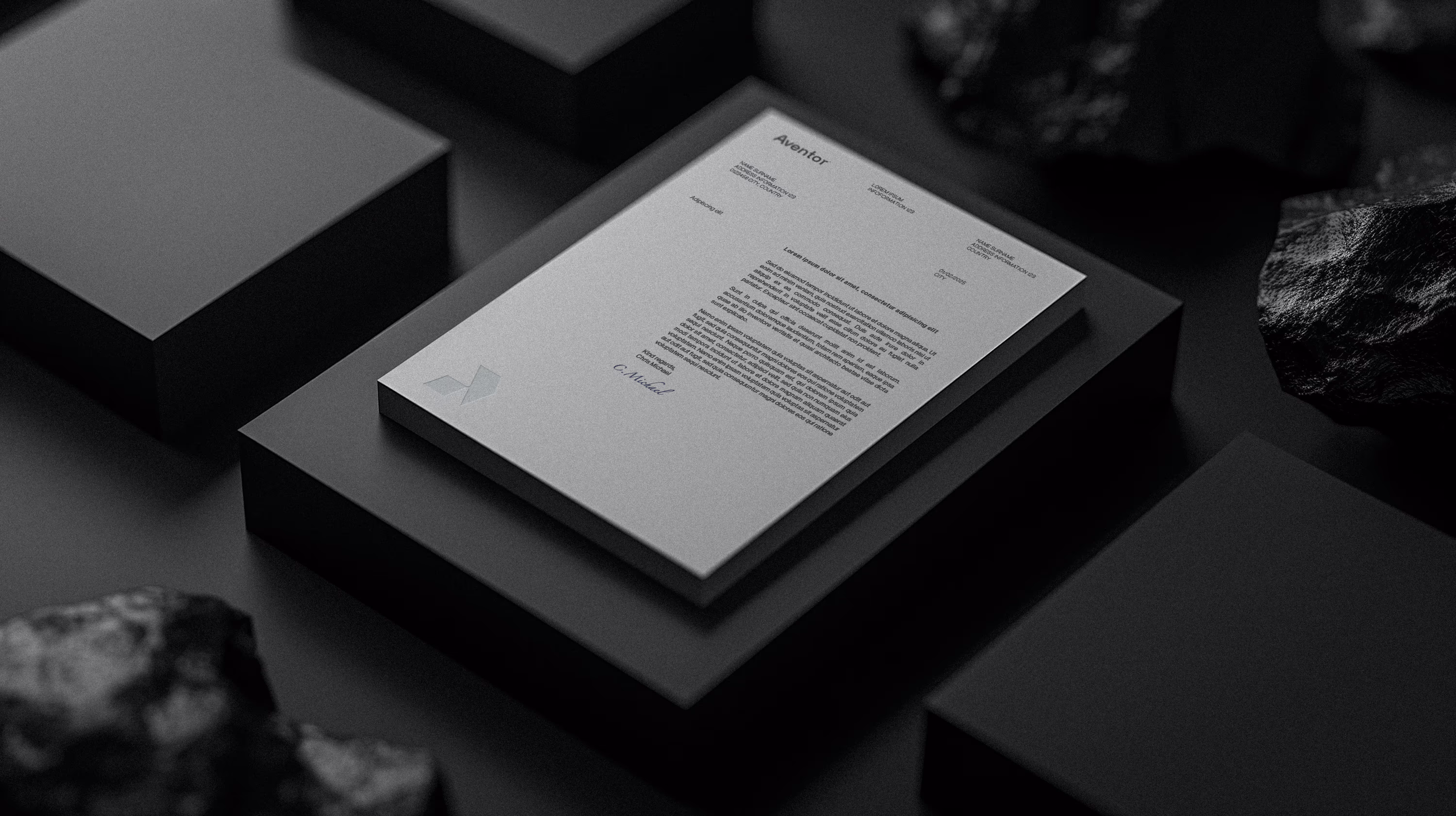 Document with text titled Aventor resting on a raised black platform surrounded by dark rectangular blocks and rocks.