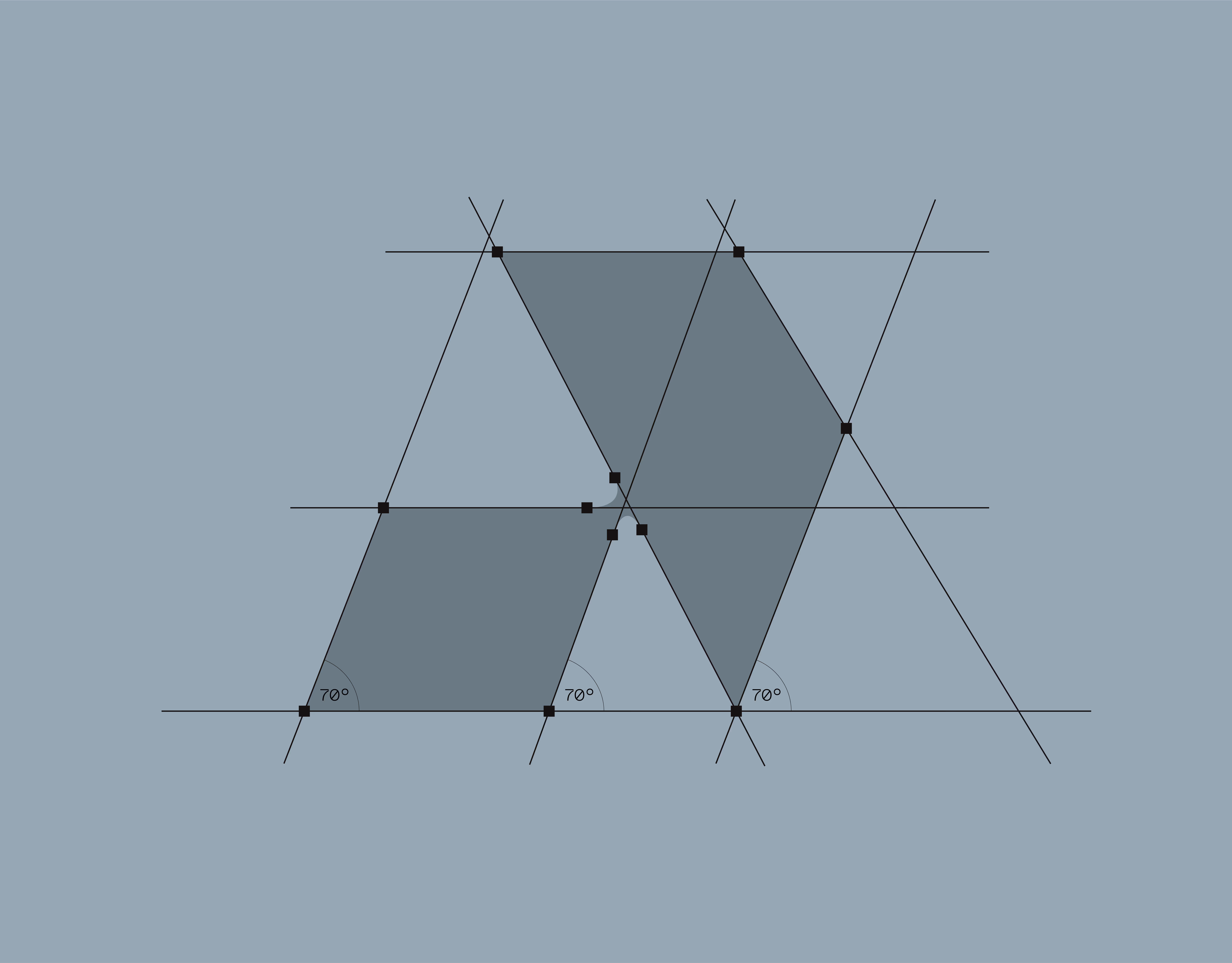 Geometric diagram with hexagons and parallelograms, showing three 70° angles on a blue background.