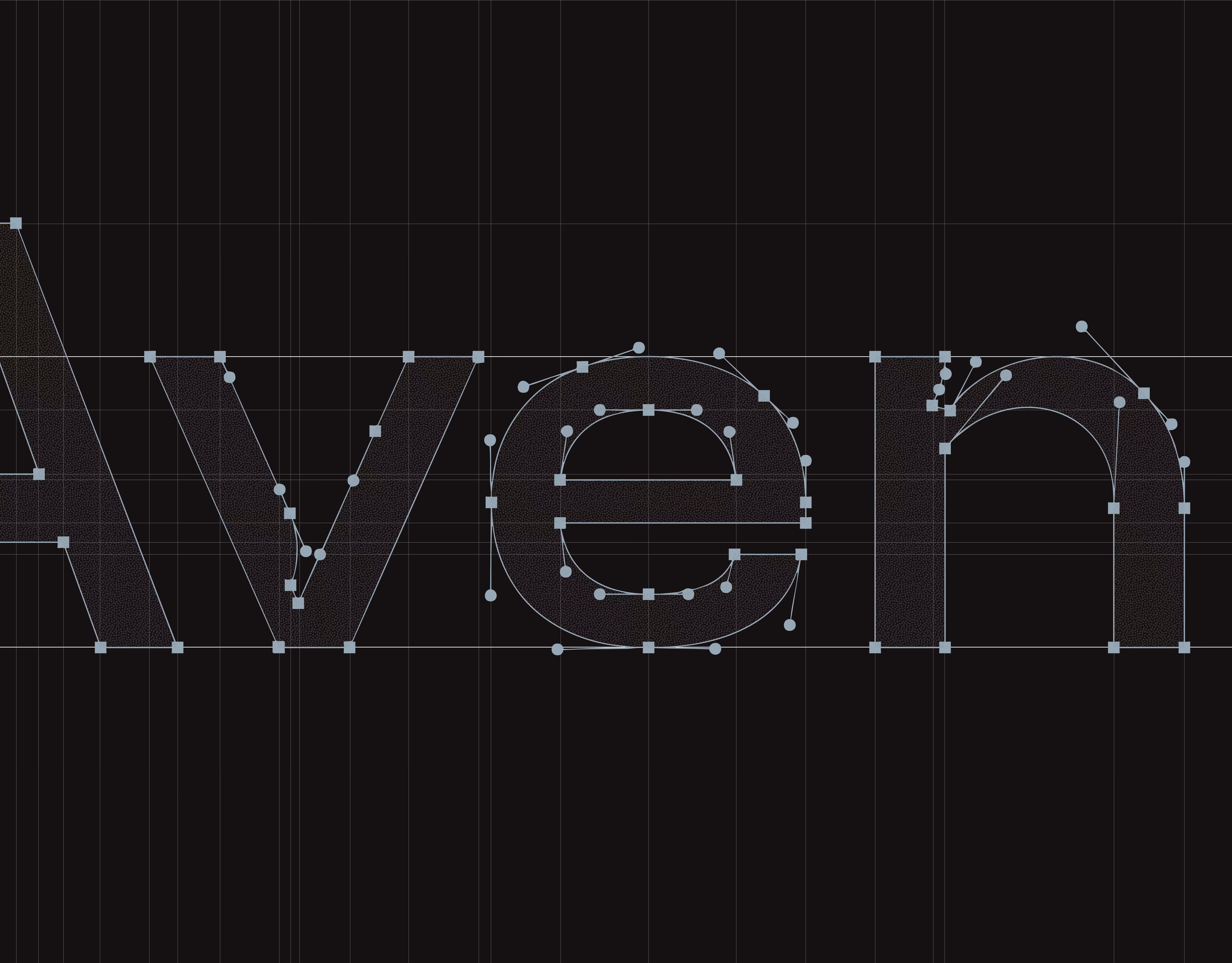 Close-up of black text shaped by editable anchor points and curves on a dark background.
