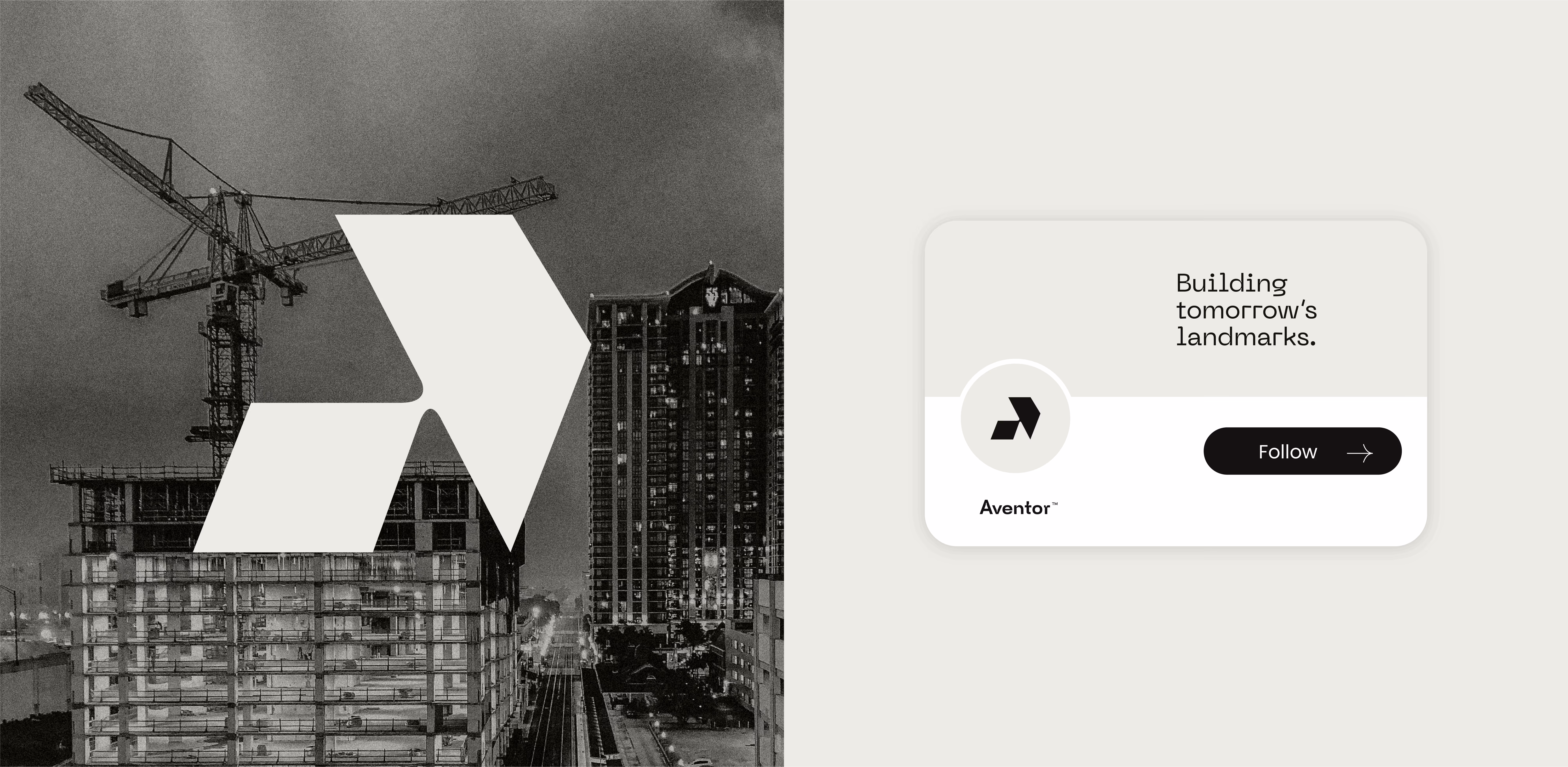 Construction site with cranes and buildings, overlay of Aventor logo and a card reading Building tomorrow’s landmarks.