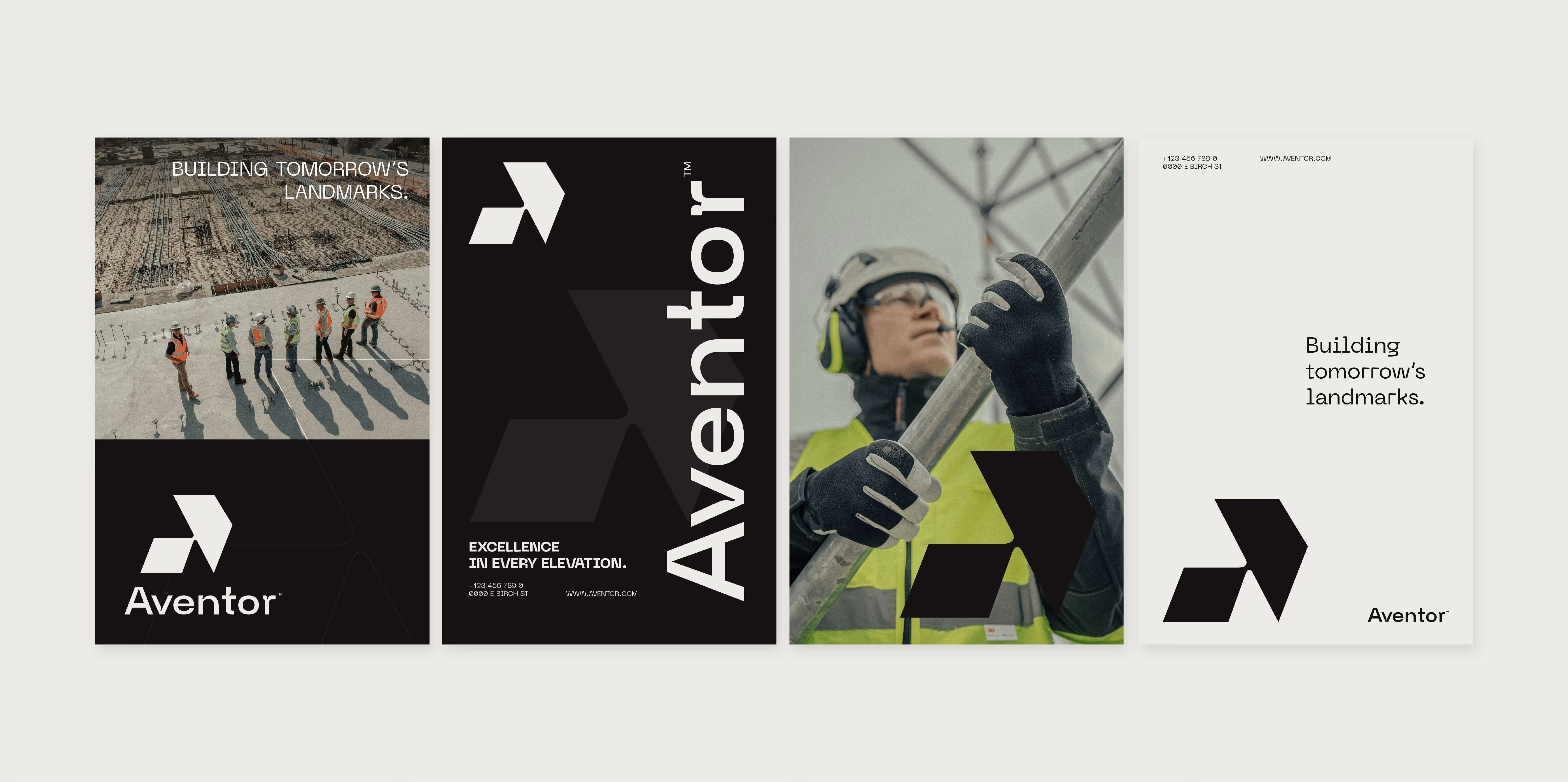 Four Aventor brand posters with construction workers, logo, and tagline 'Building tomorrow's landmarks.'