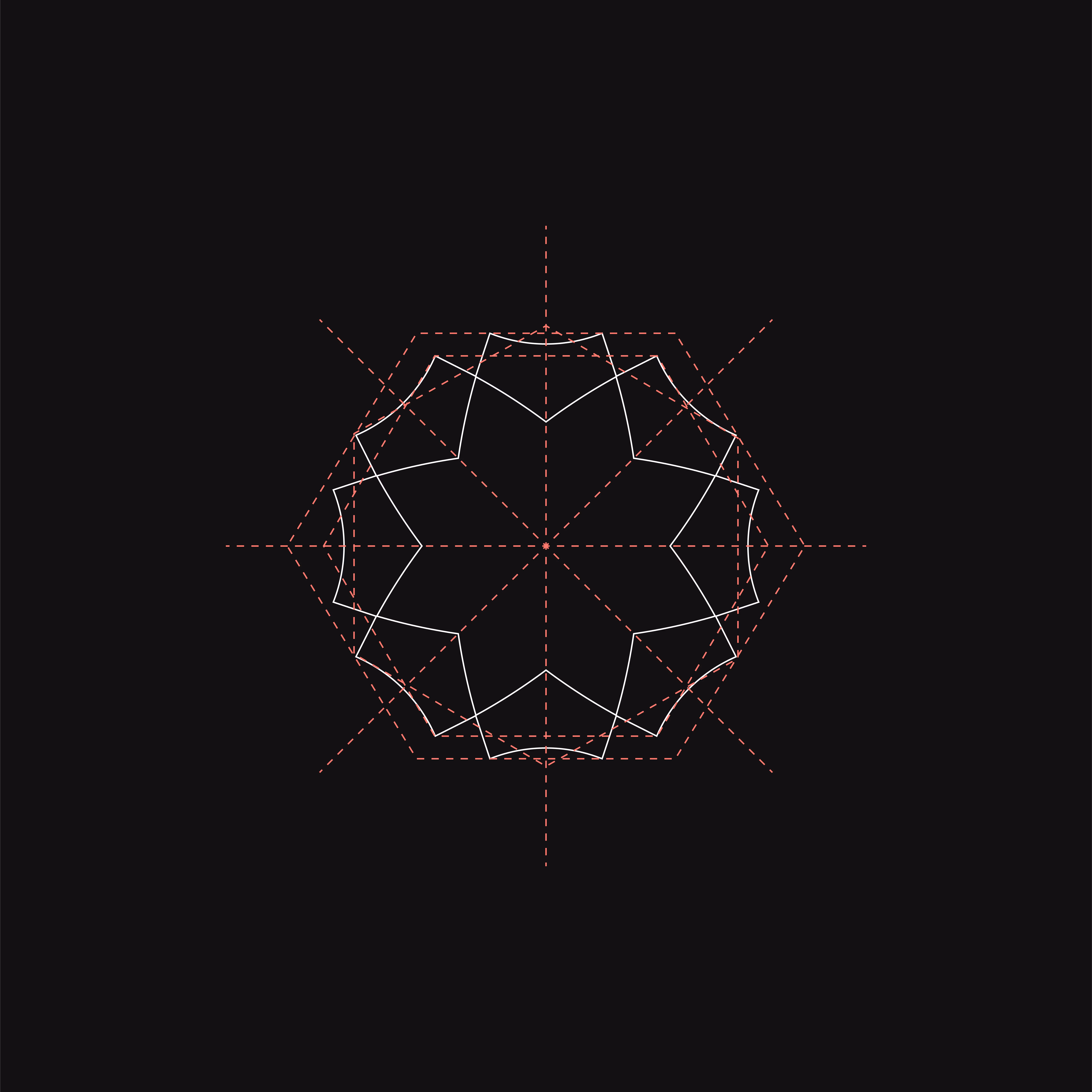 White geometric star pattern inside a red dashed 10-sided polygon on black background.