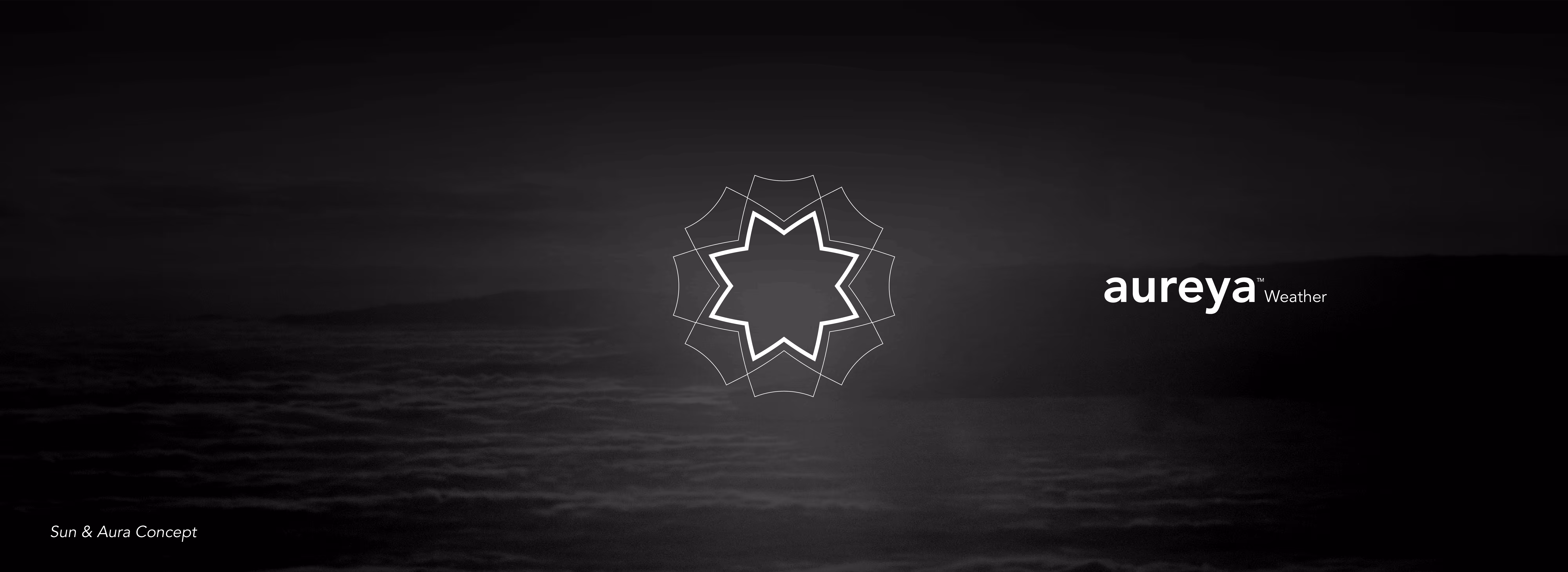 Dark landscape with cloud cover and a geometric sun-shaped logo beside the word 'aureya Weather'.