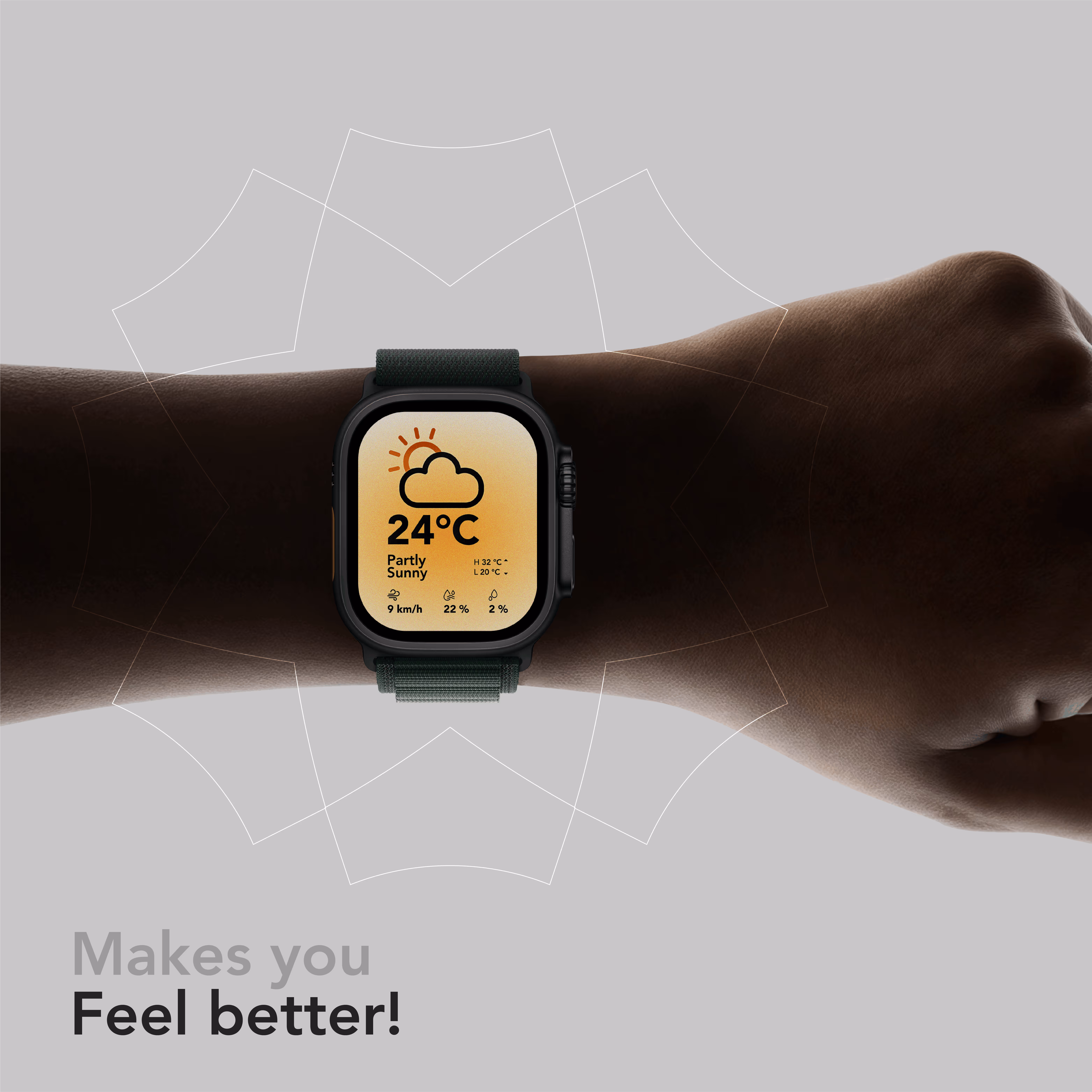 Smartwatch on wrist showing partly sunny weather with 24°C temperature and wind and humidity data.