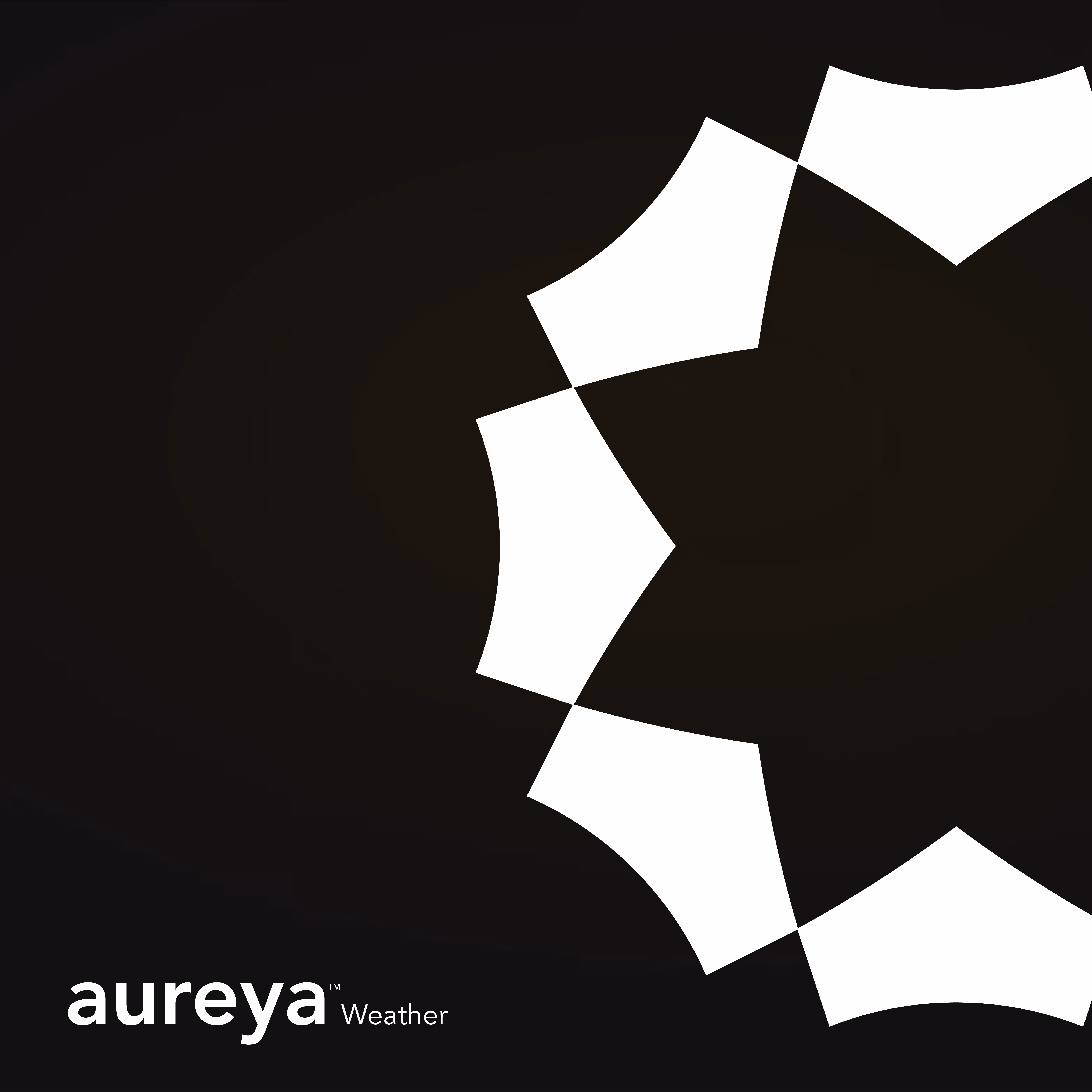 White abstract geometric shape on black background with text reading aureya Weather.