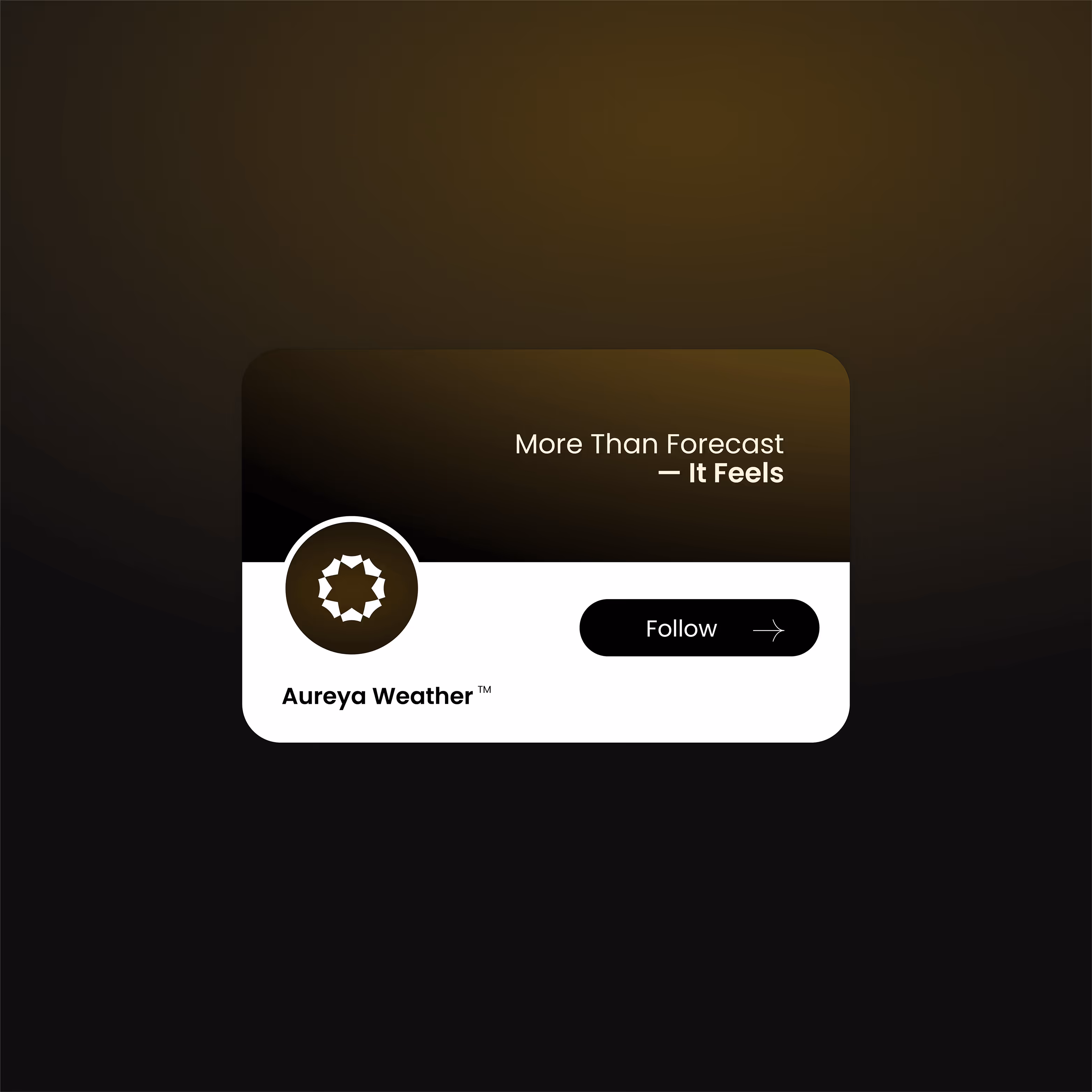 Aureya Weather social card with logo, slogan 'More Than Forecast It Feels', and a Follow button.