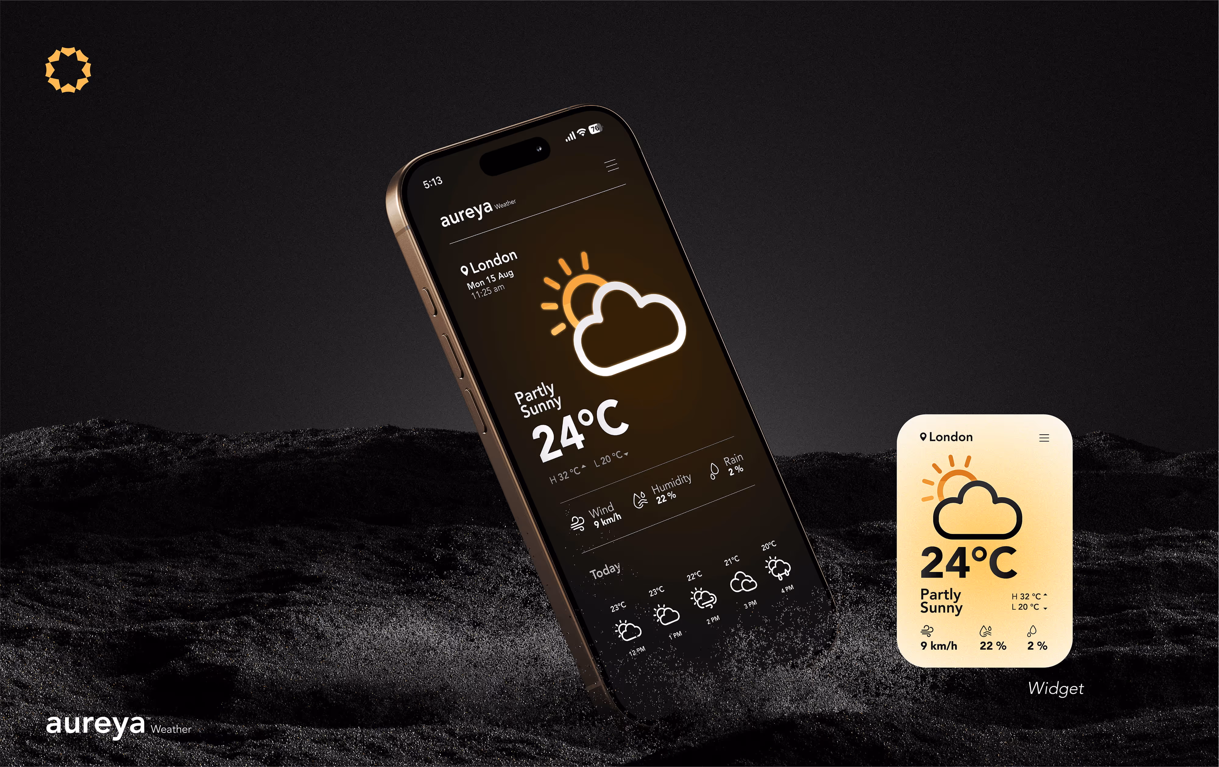 Smartphone and widget showing aureya app with 24°C partly sunny weather forecast for London.