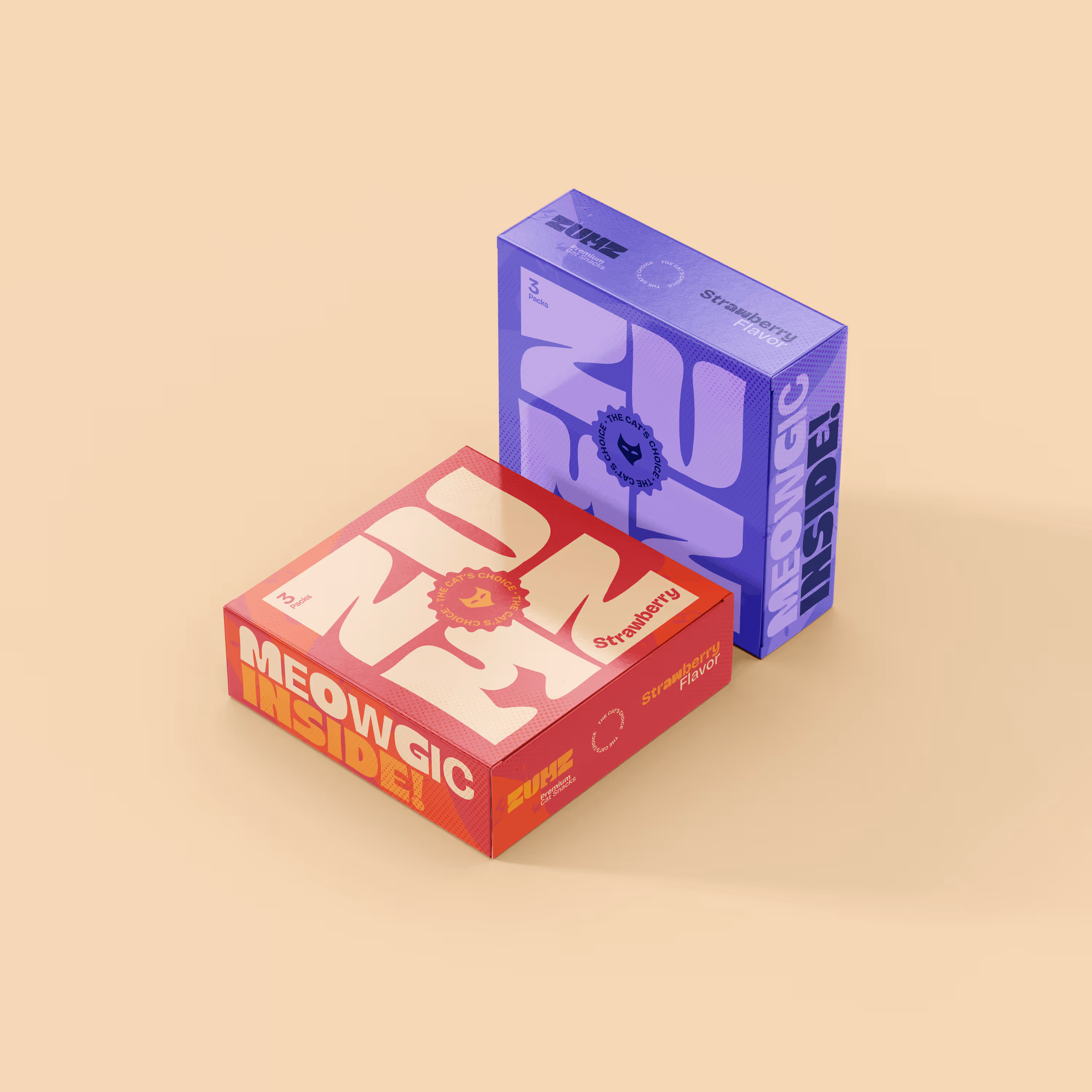 Two colorful strawberry-flavored cat snack boxes with bold text and a beige background.