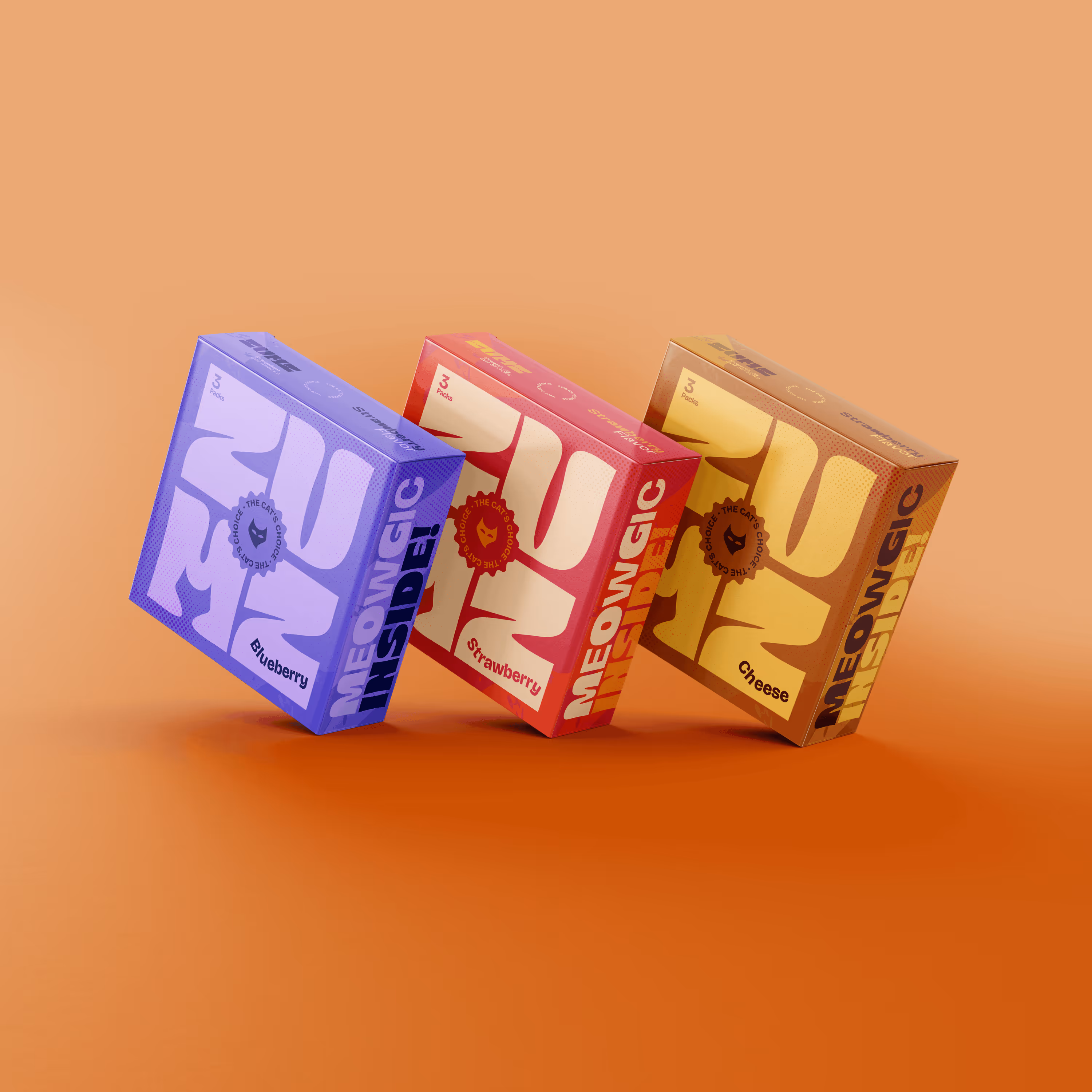 Three colorful boxes labeled Blueberry, Strawberry, and Cheese flavors on an orange background.