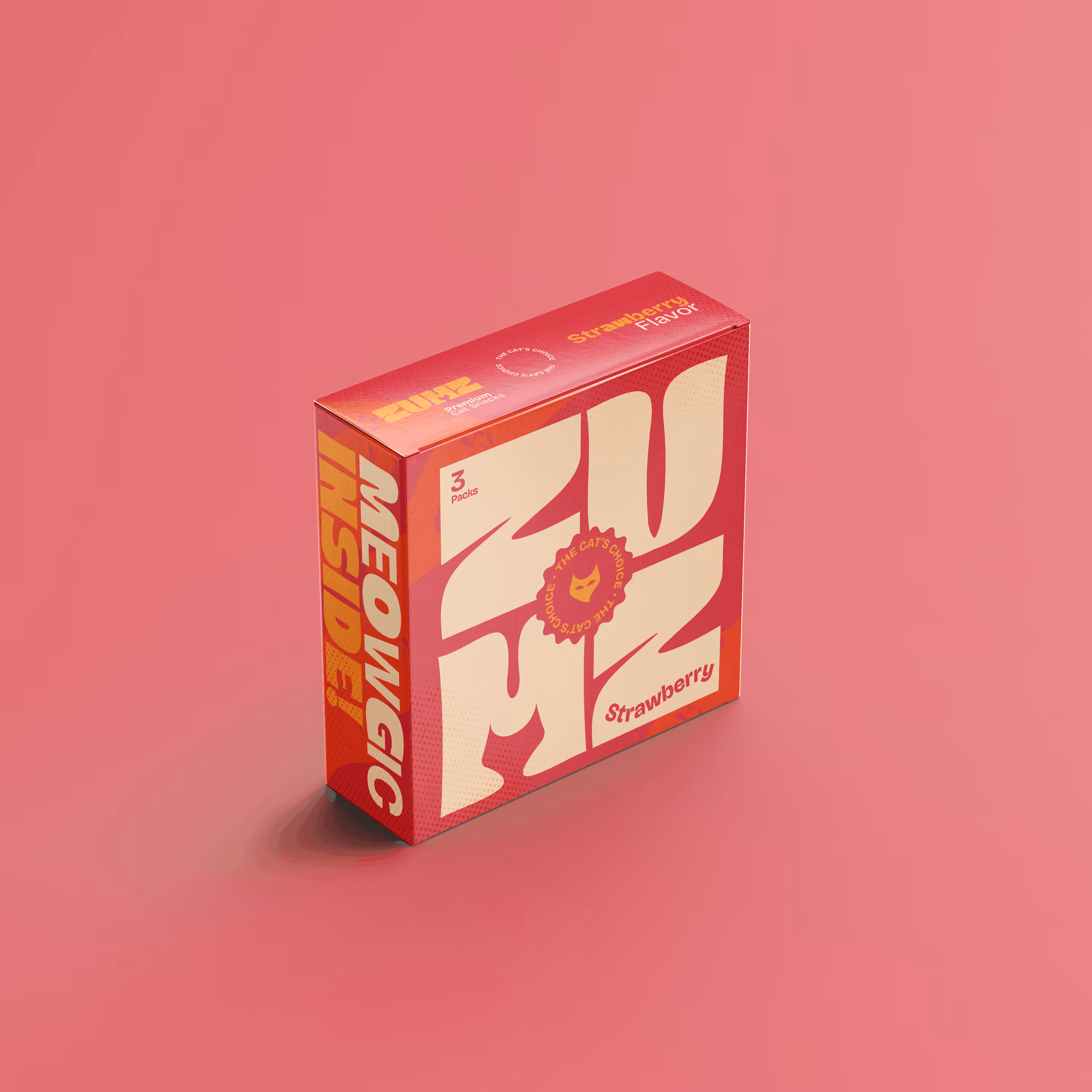 Red and cream box of Zumzy cat snacks, strawberry flavor, on a matching pink background.