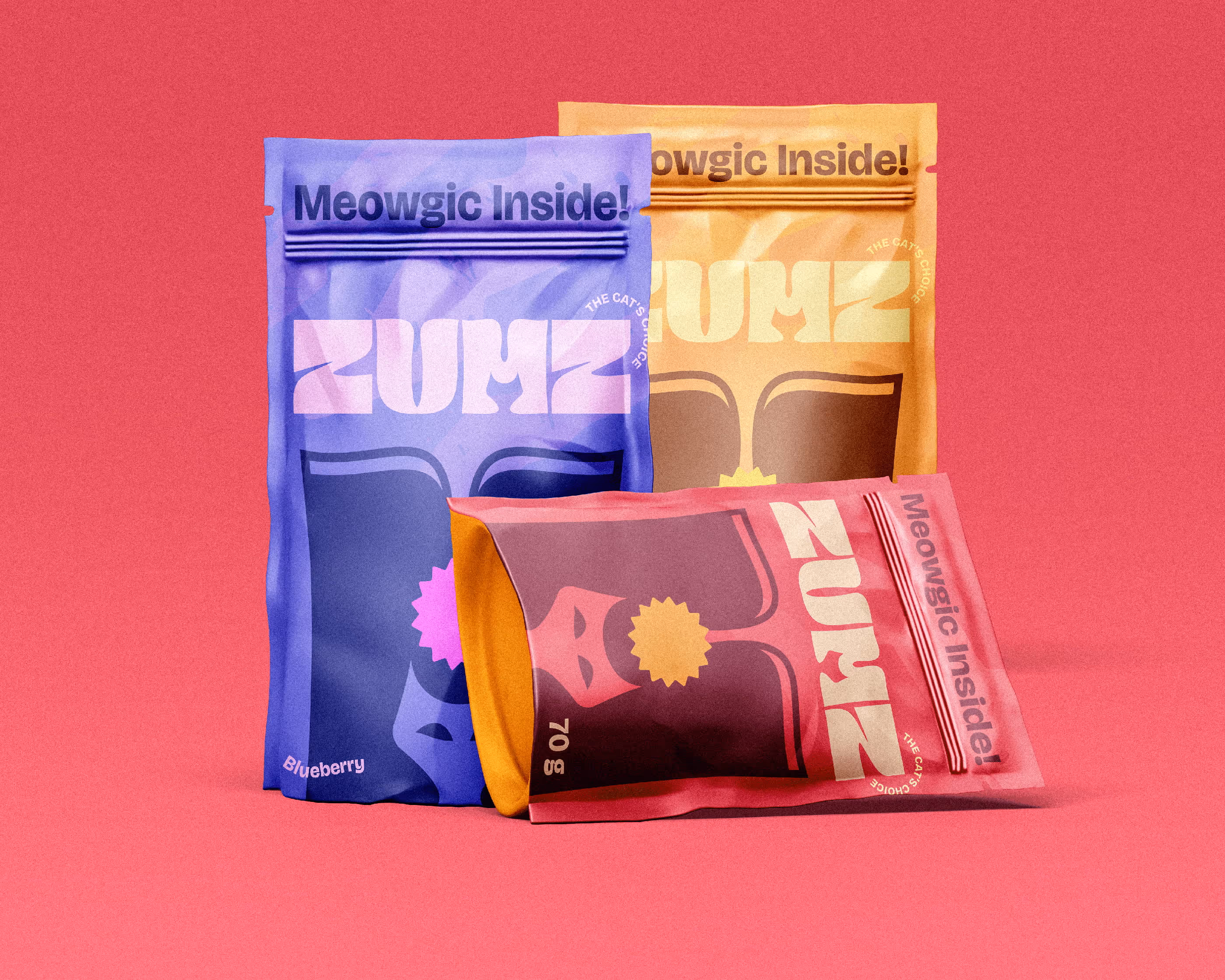 Three colorful Zumz cat snack packages on a pink background with 'Meowgic Inside!' text.
