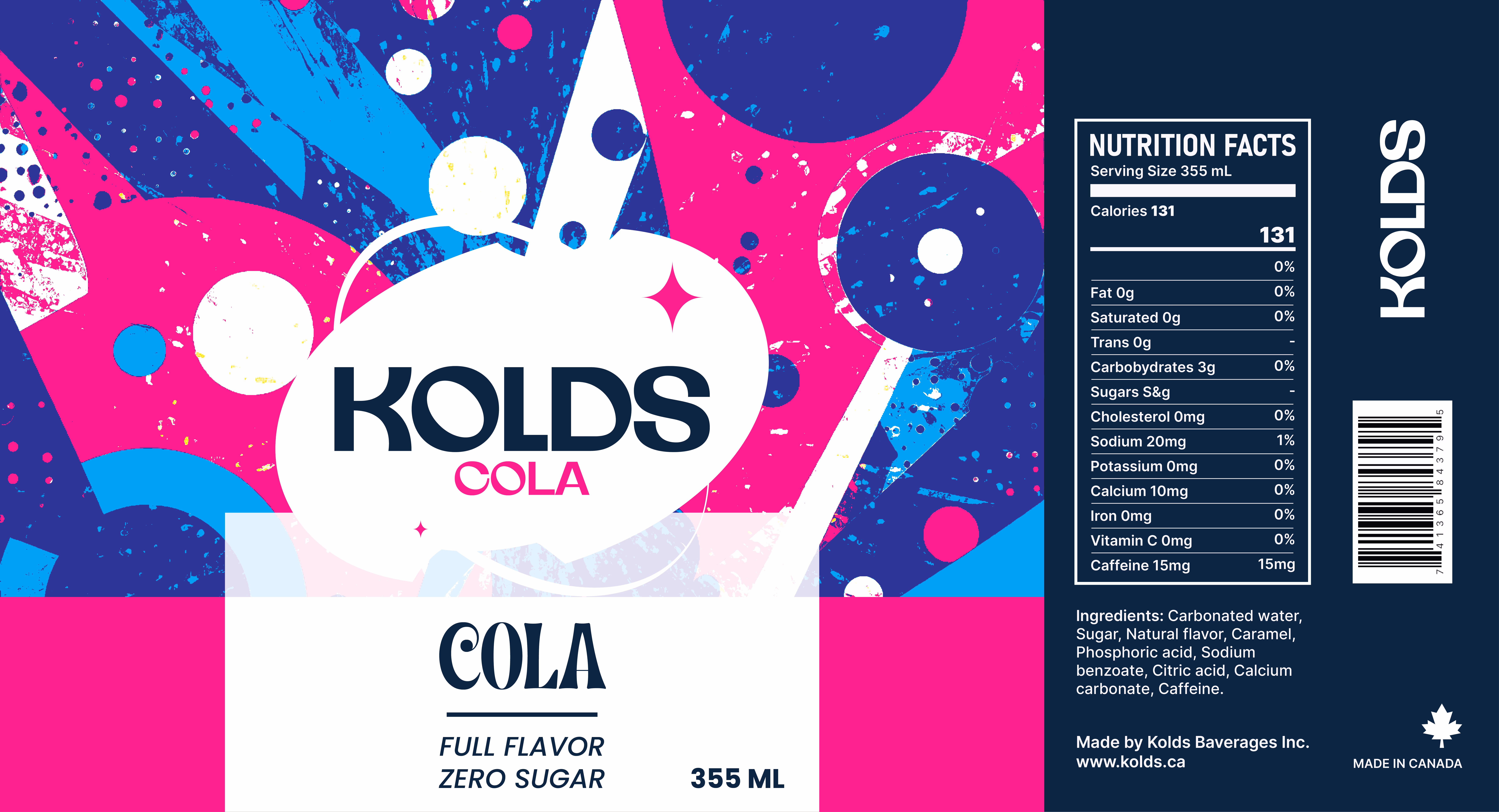 Kolds Cola can label with colorful design, nutrition facts, and full flavor zero sugar text.