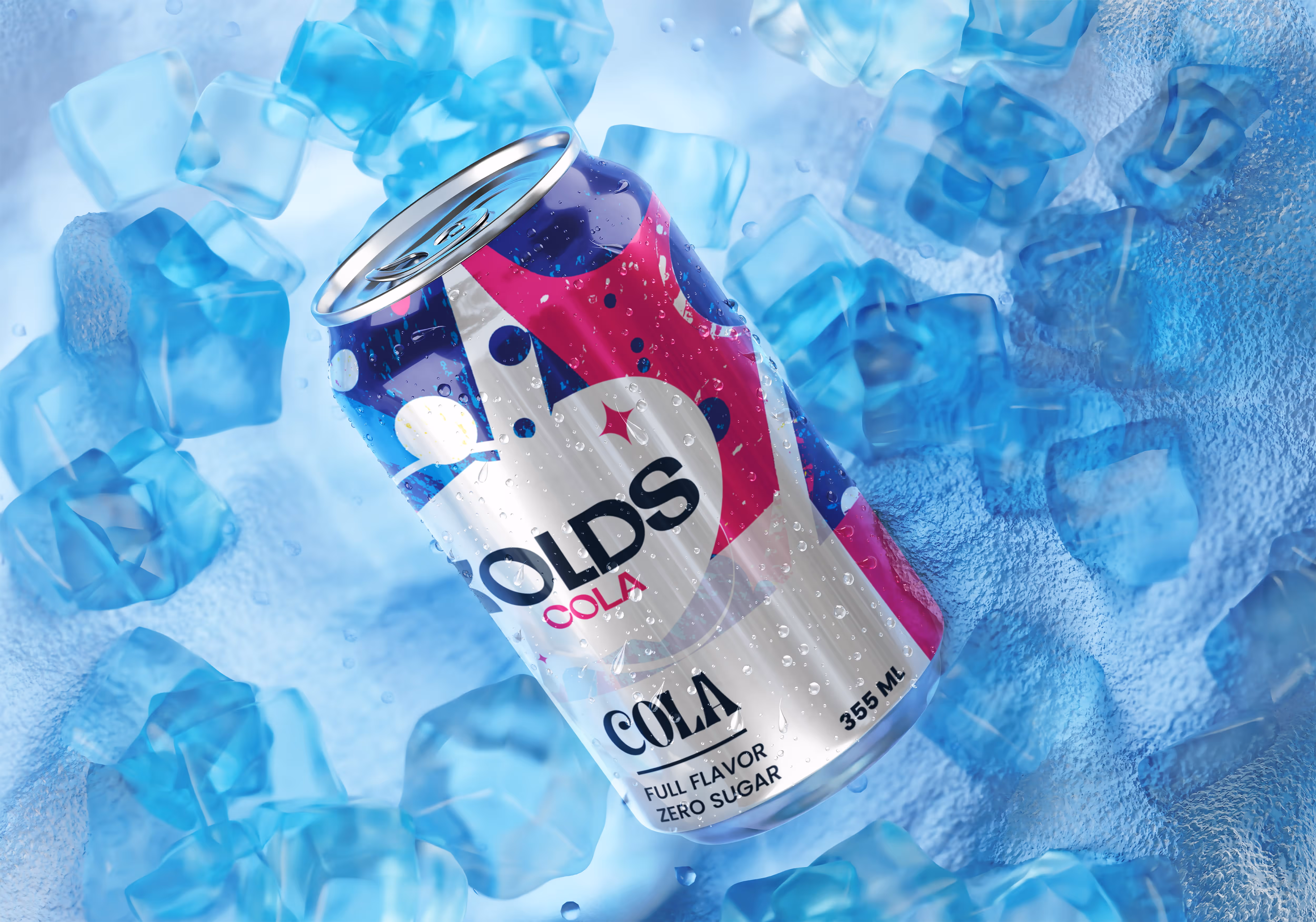 Chilled can of cola with colorful design among ice cubes and droplets on blue icy surface.