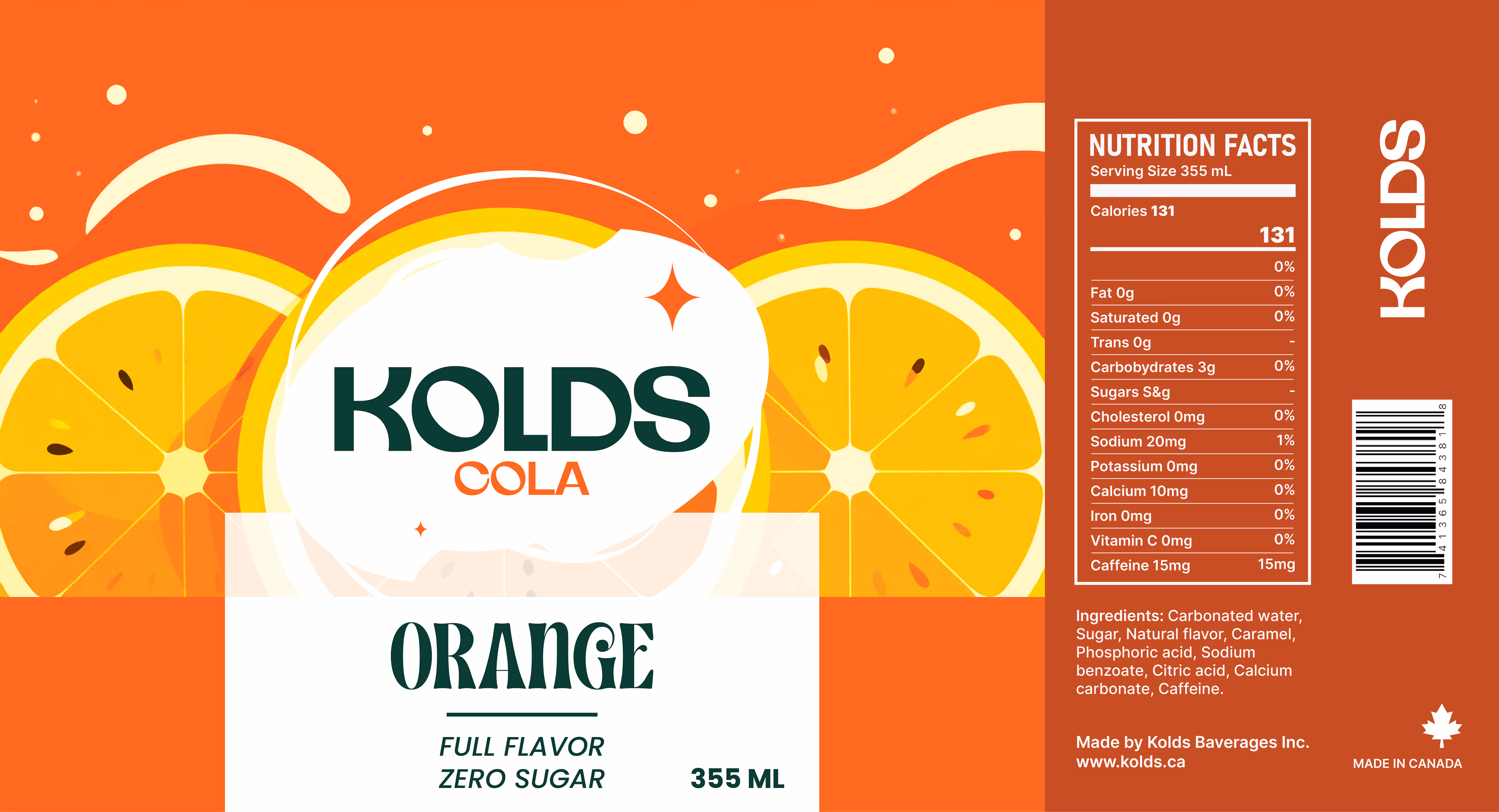 Kolds Cola Orange soda label with orange slices, nutrition facts, and zero sugar stated on front.