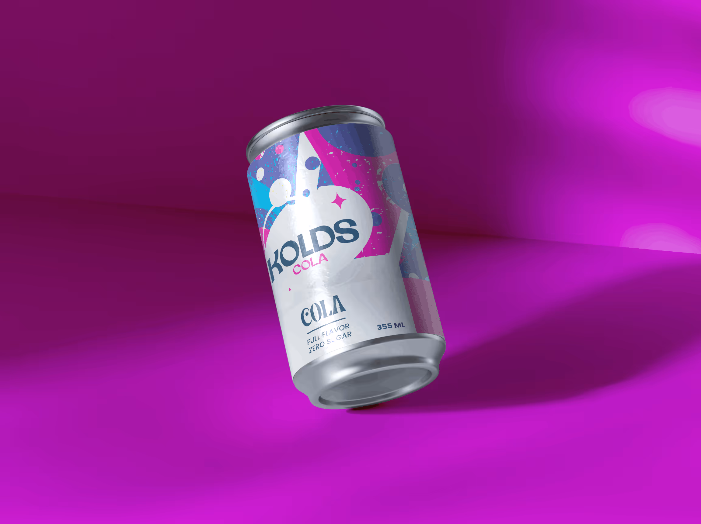 Silver can of Kolds Cola with colorful abstract design and text on a purple background.
