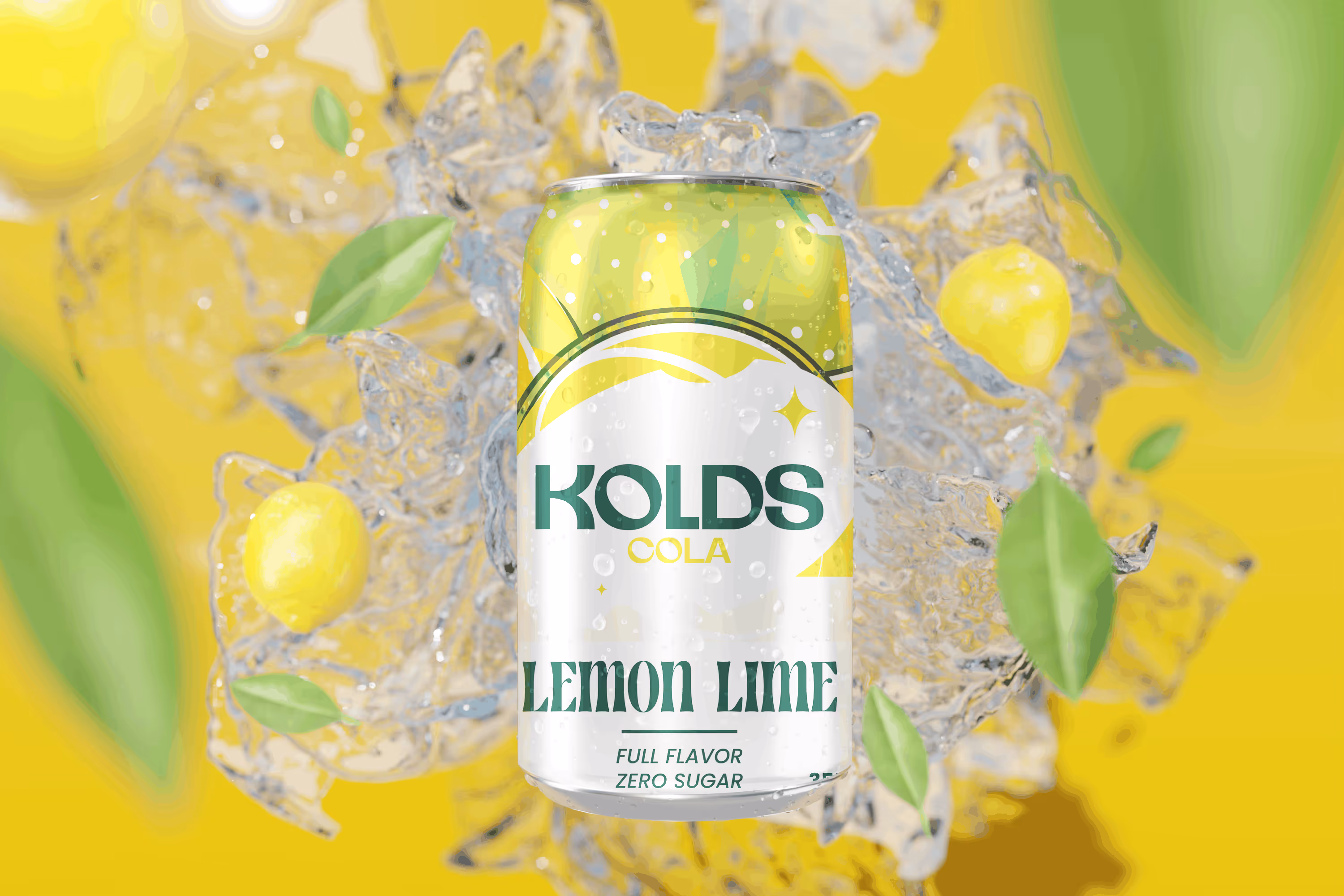 Kolds Cola lemon lime soda can surrounded by ice, lemons, and green leaves on yellow background.