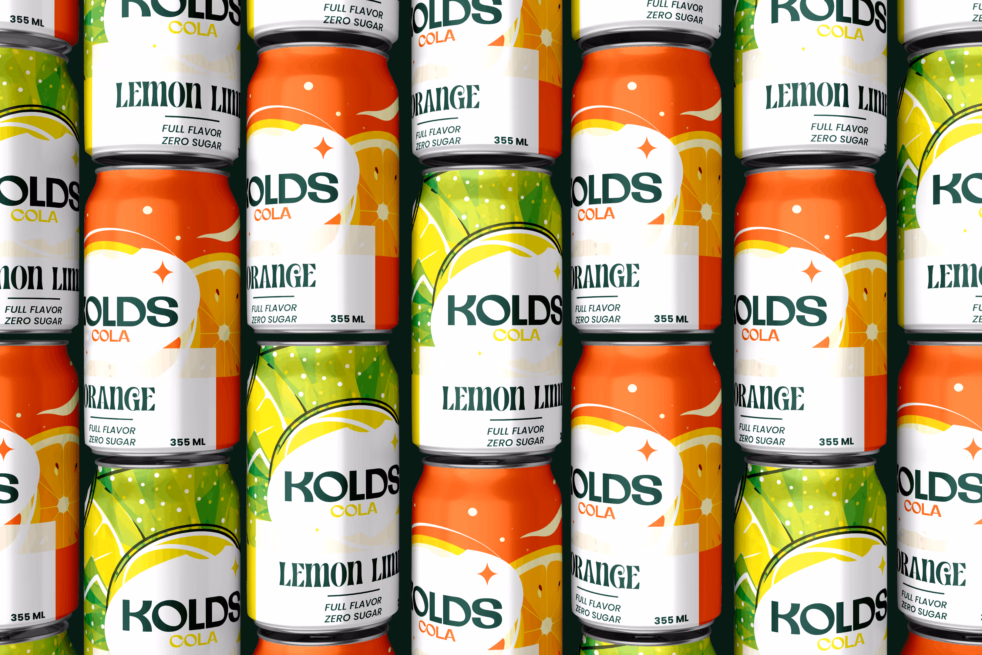 Rows of Kolds Cola cans in lemon lime and orange flavors with full flavor zero sugar labels.