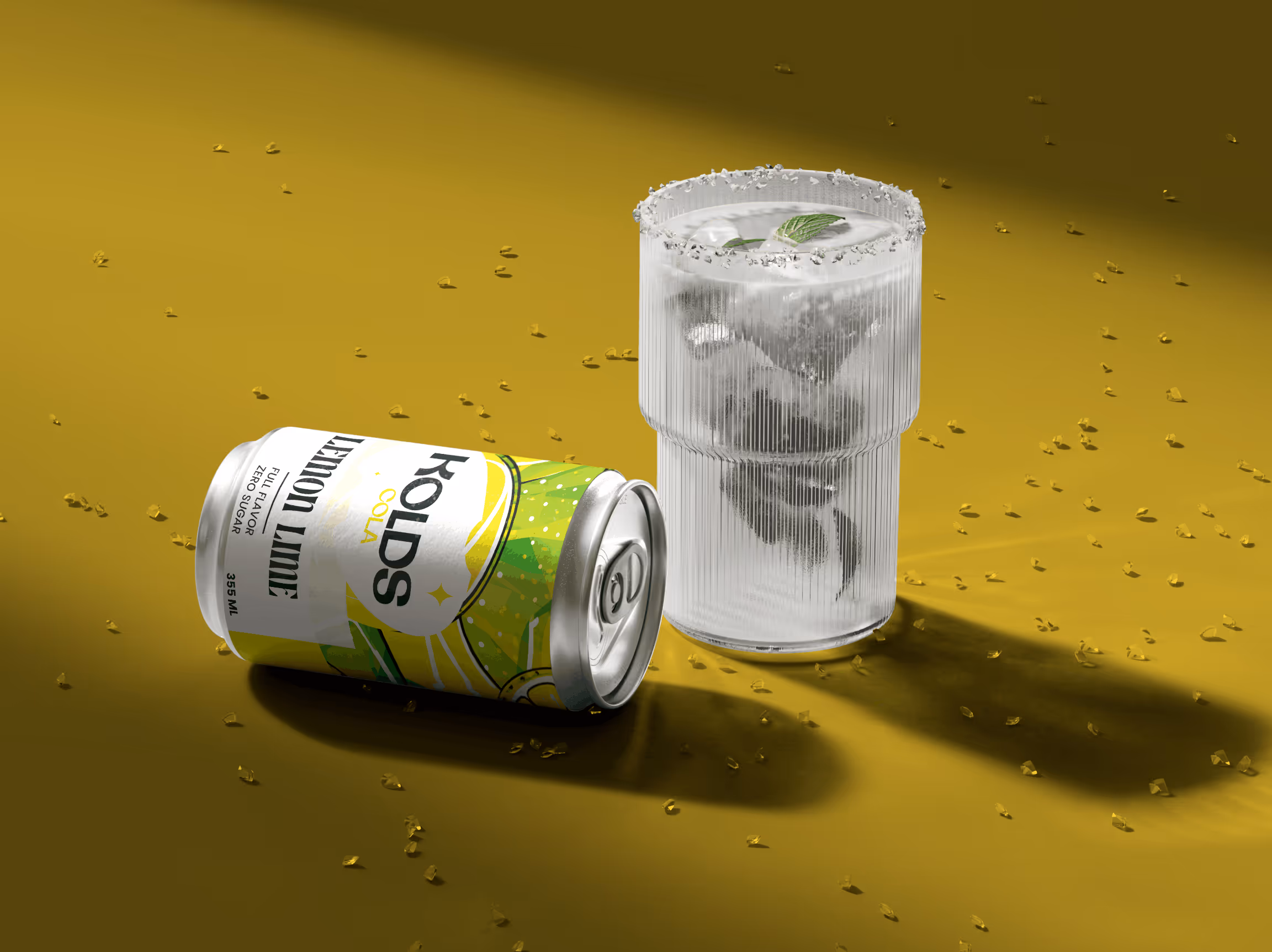 Lemon lime soda can lying on its side next to a glass with ice and mint on an olive green surface.