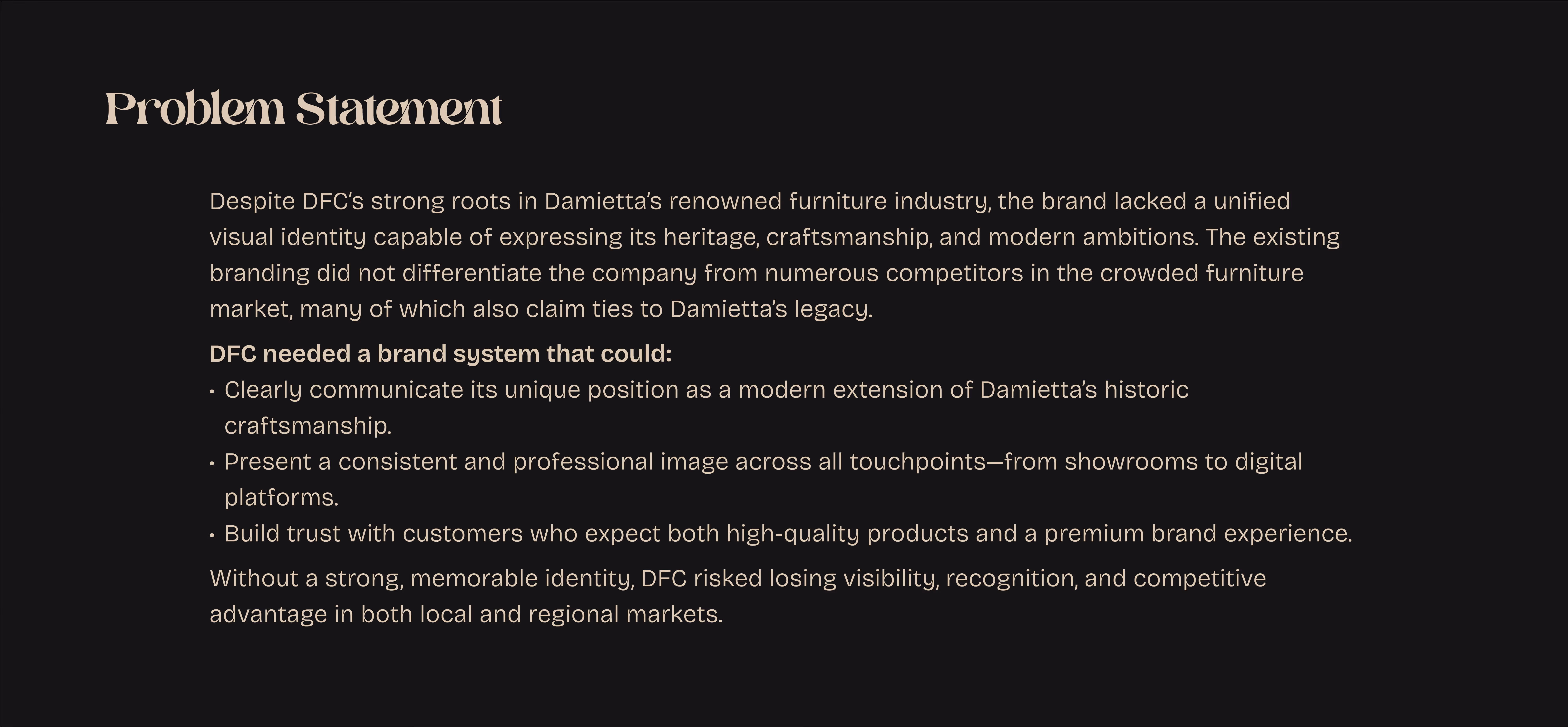 Text explaining DFC's need for a unified brand system to express heritage and stand out in furniture market.