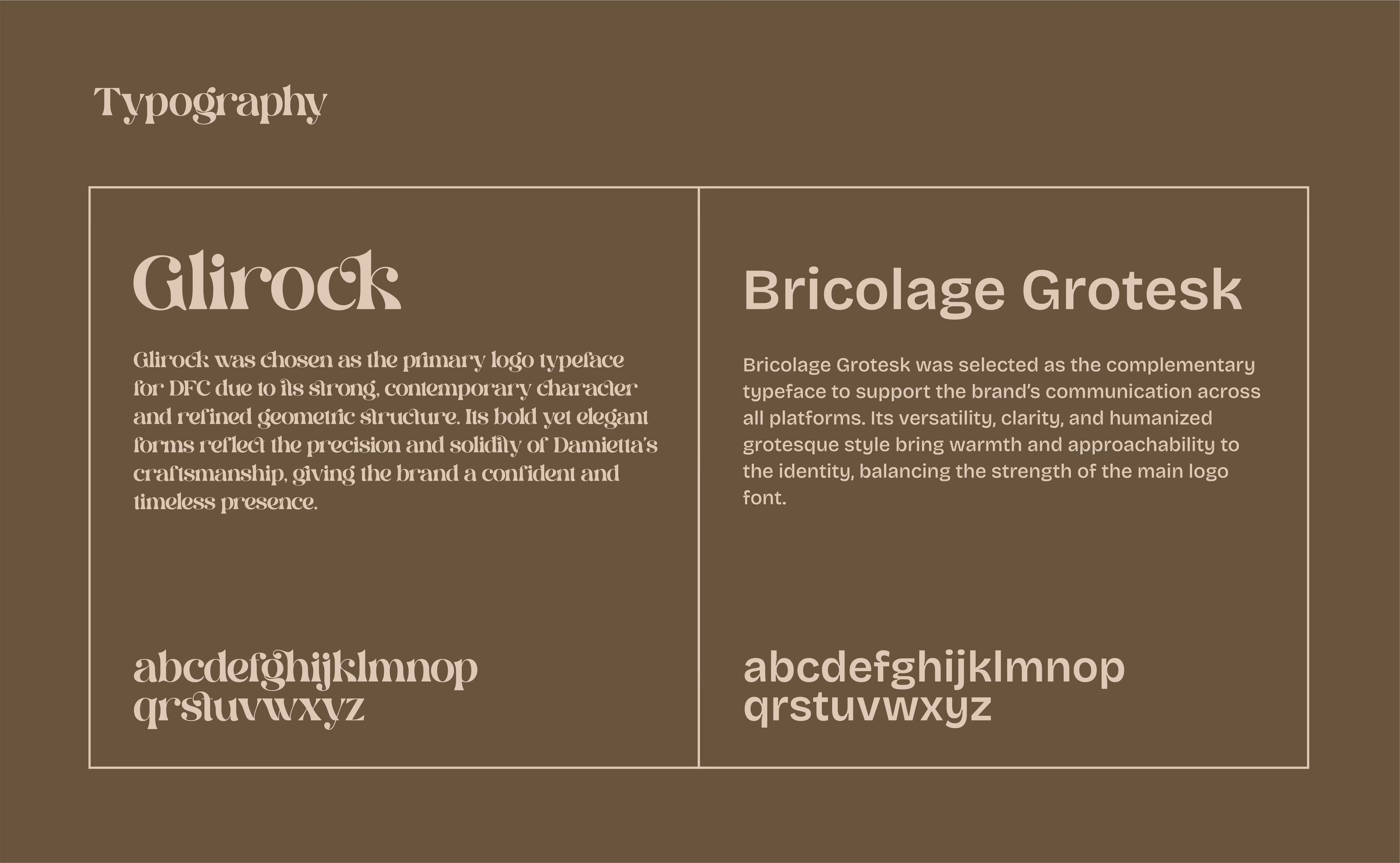 Two font descriptions: Glirock, a bold decorative logo typeface, and Bricolage Grotesk, a clear versatile font.