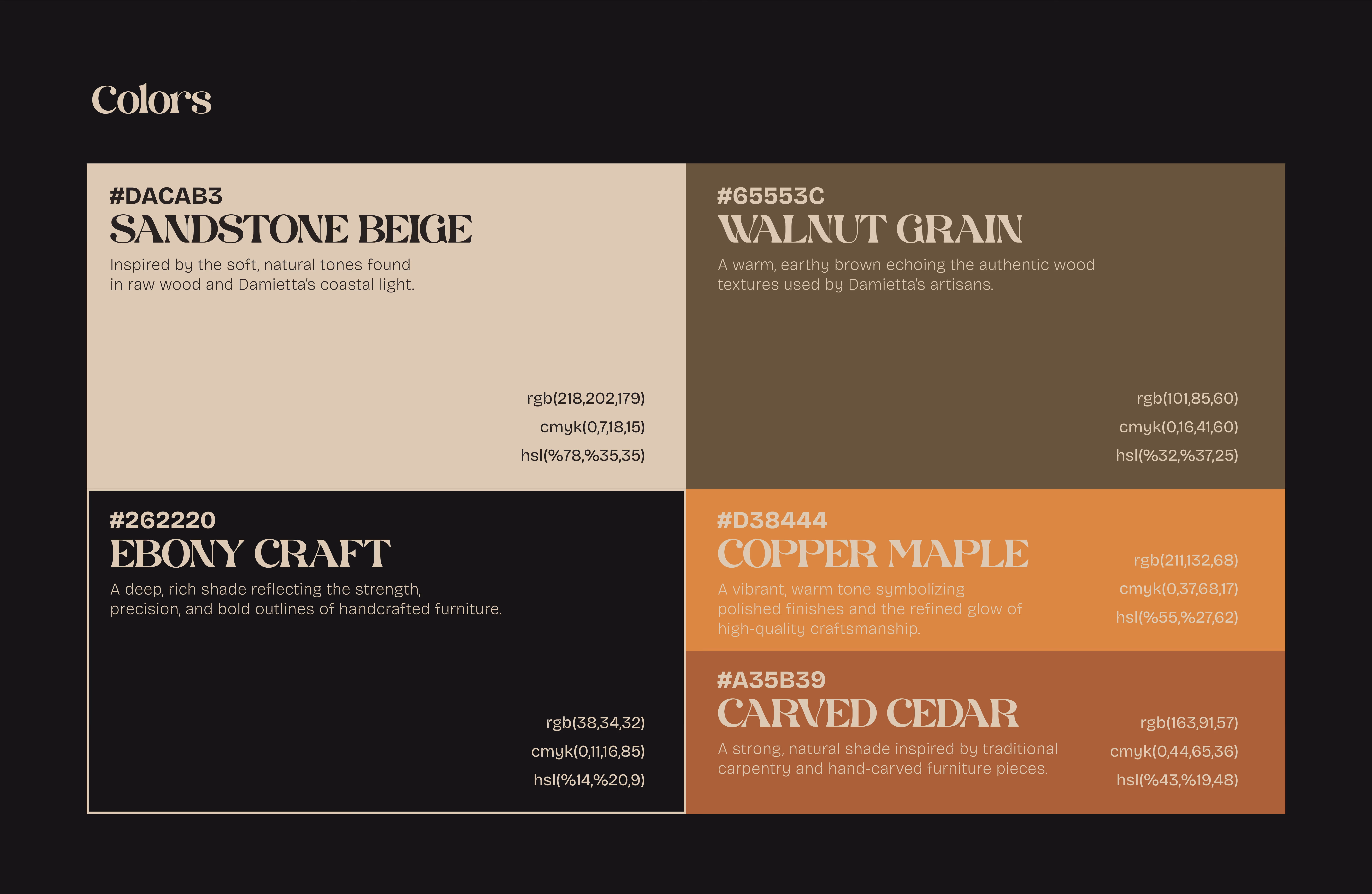 Color palette for furniture with Sandstone Beige, Walnut Grain, Ebony Craft, Copper Maple, and Carved Cedar shades.
