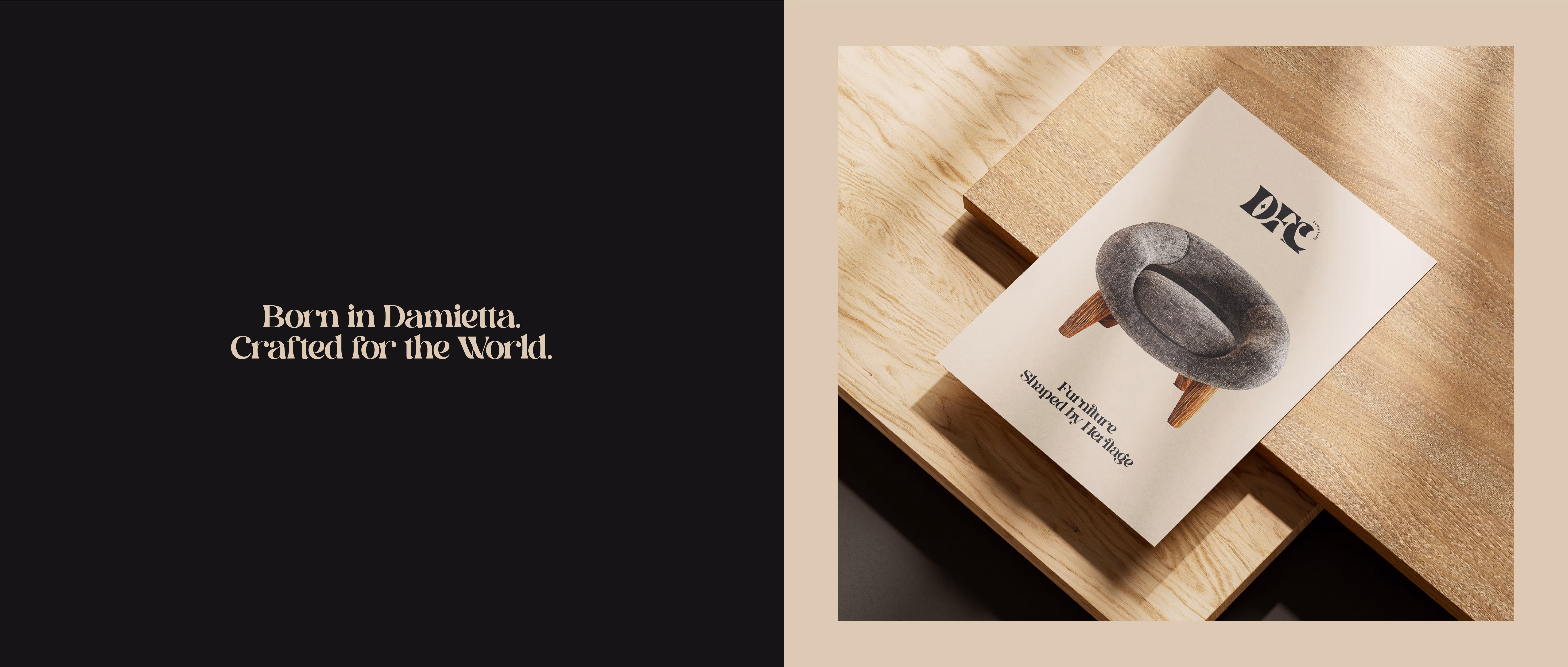 Left black panel with text and right image of wood table with brochure showing gray chair and DFC logo.