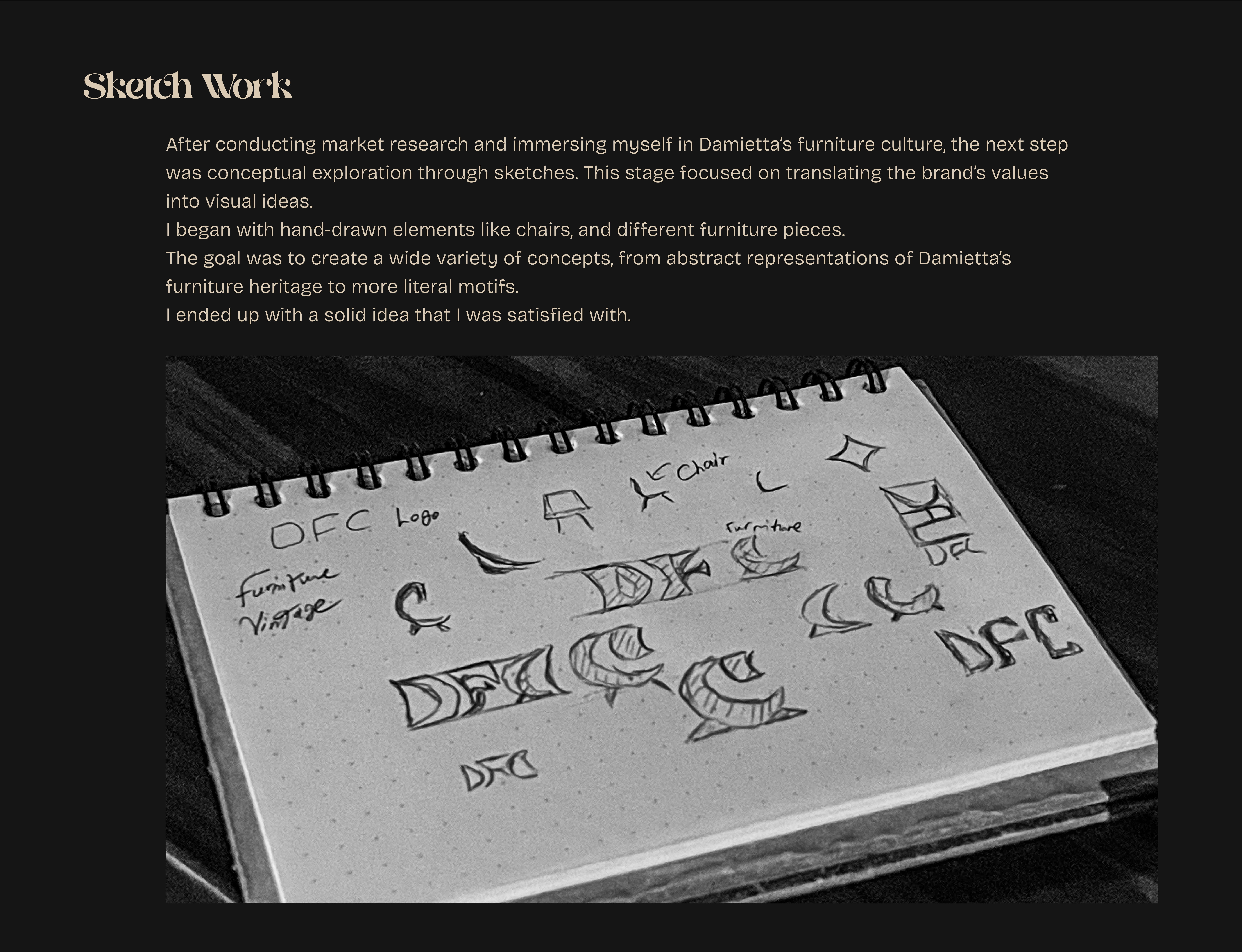 Notebook page with pencil sketches of logo concepts and furniture elements labeled with notes.