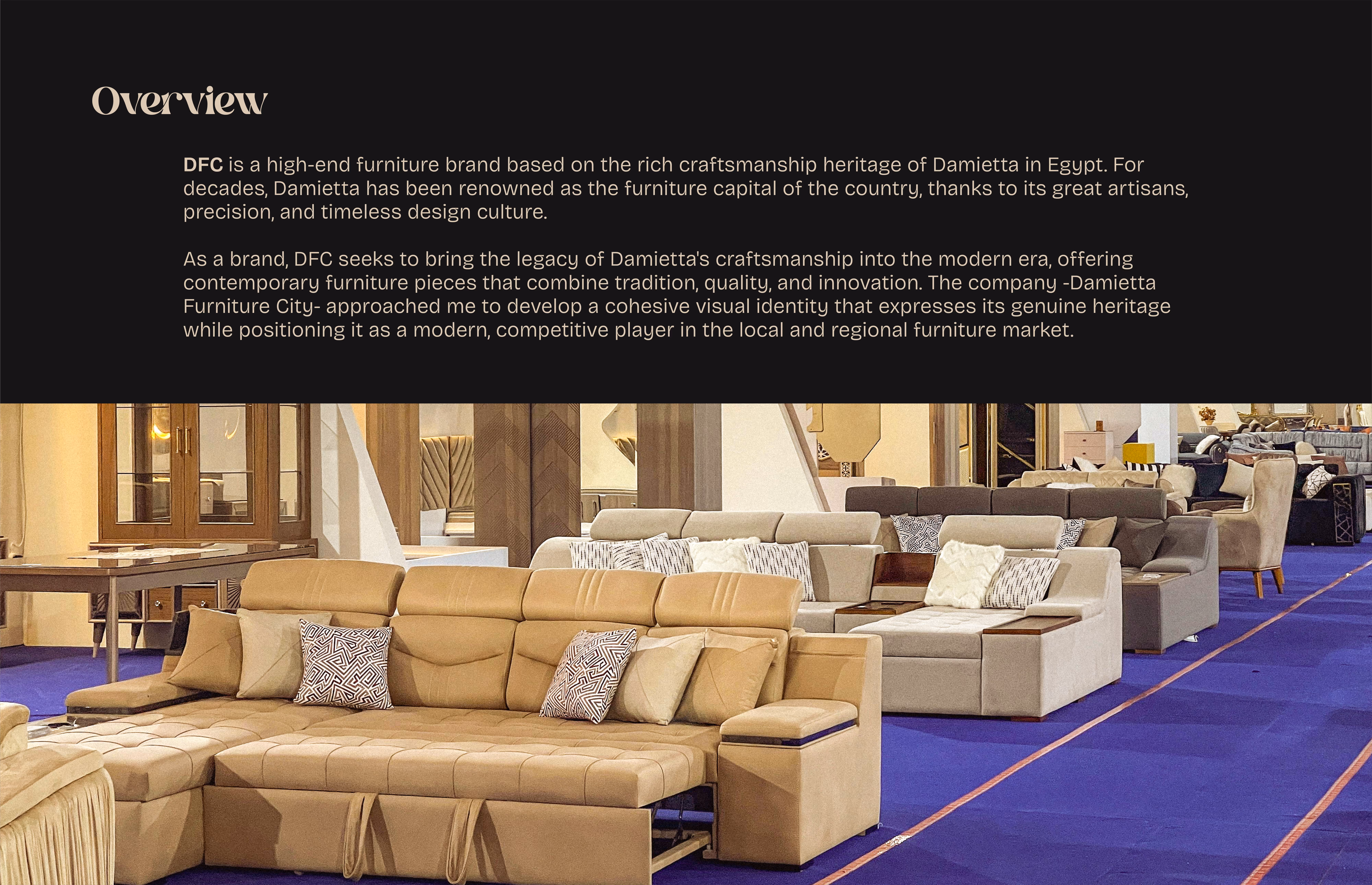 Showroom with various modern sofas and couches on a blue carpet under beige text about DFC furniture brand.
